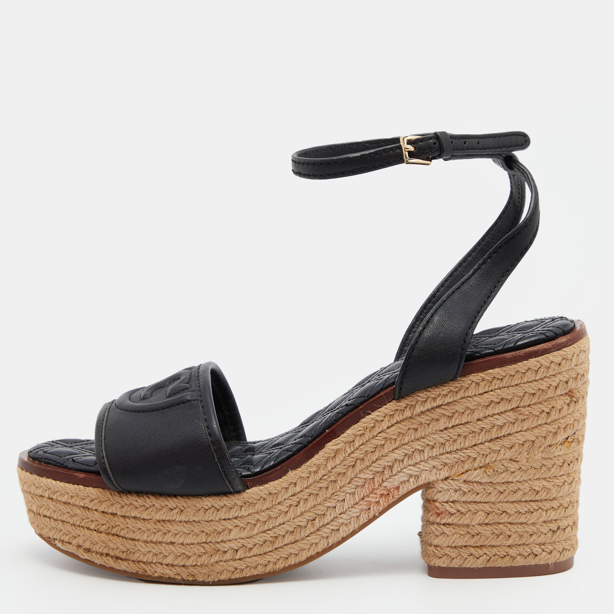 Tory Burch Black Leather Cork Wedge Strappy Platform Sandals Size  Tory  Burch | TLC