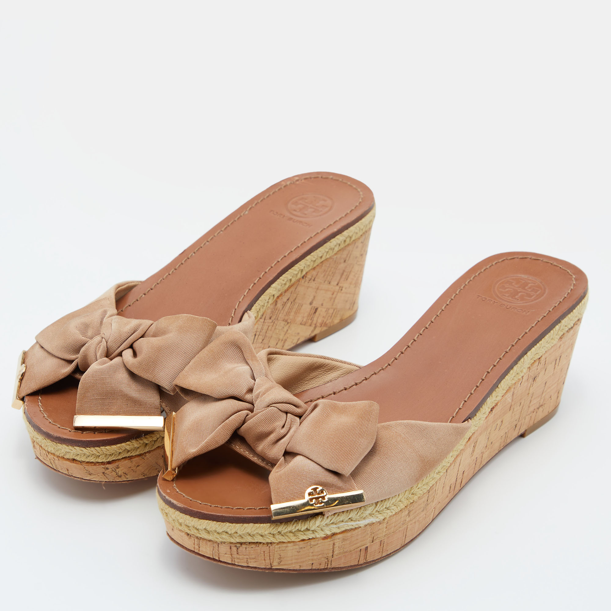 

Tory Burch Beige Canvas Bow Wedge Slide Sandals Size