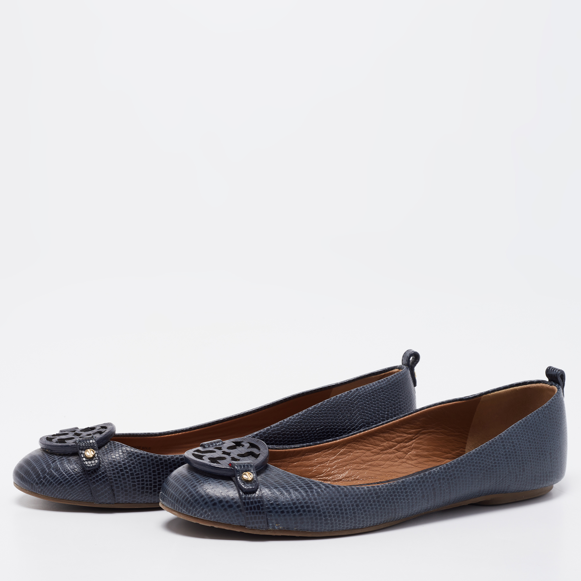 

Tory Burch Navy Blue Lizard Embossed Leather Ballet Flats Size