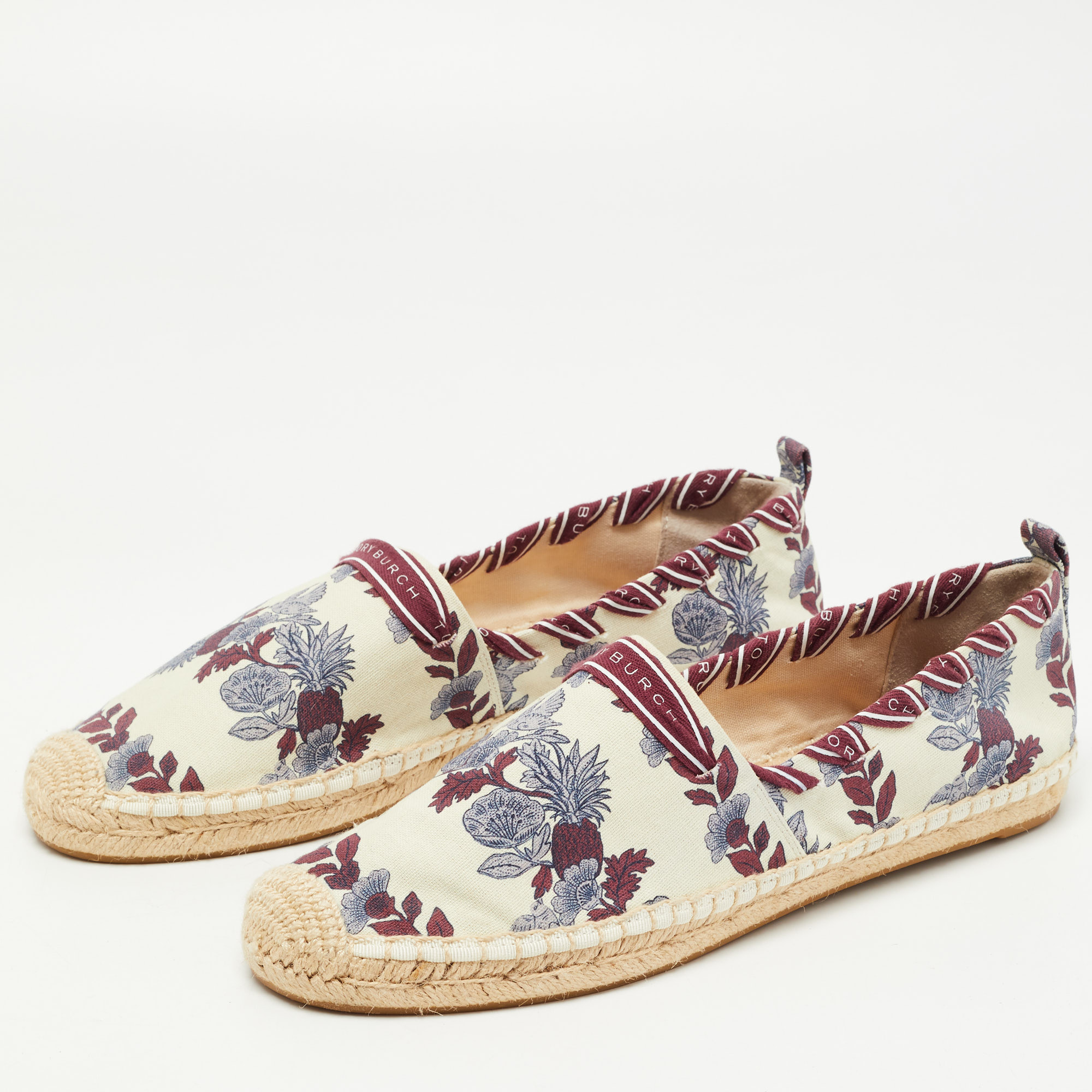 

Tory Burch Cream/Red Printed Canvas whipstitch Espadrille Flats Size