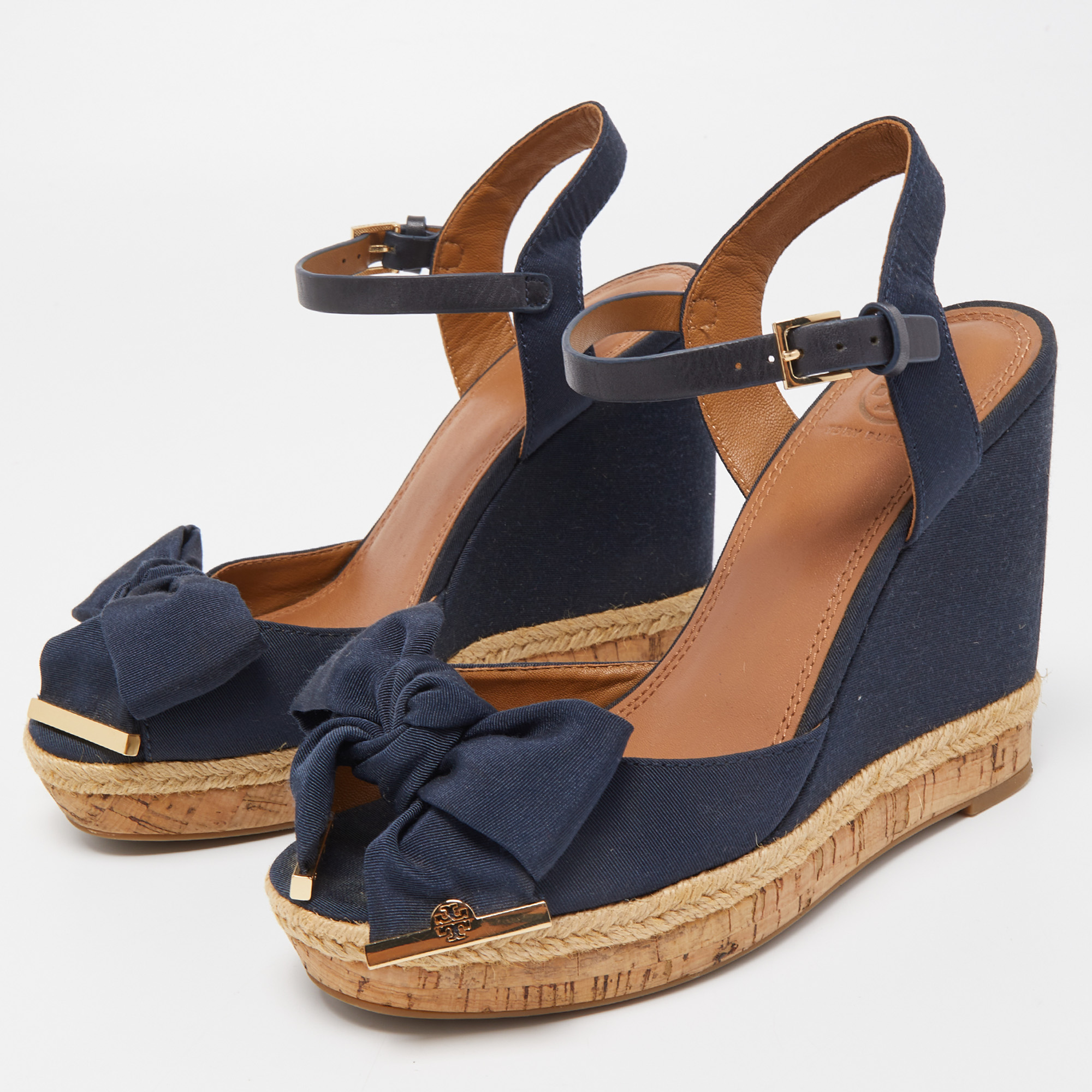 

Tory Burch Navy Blue Canvas Wedge Ankle Strap Sandals Size