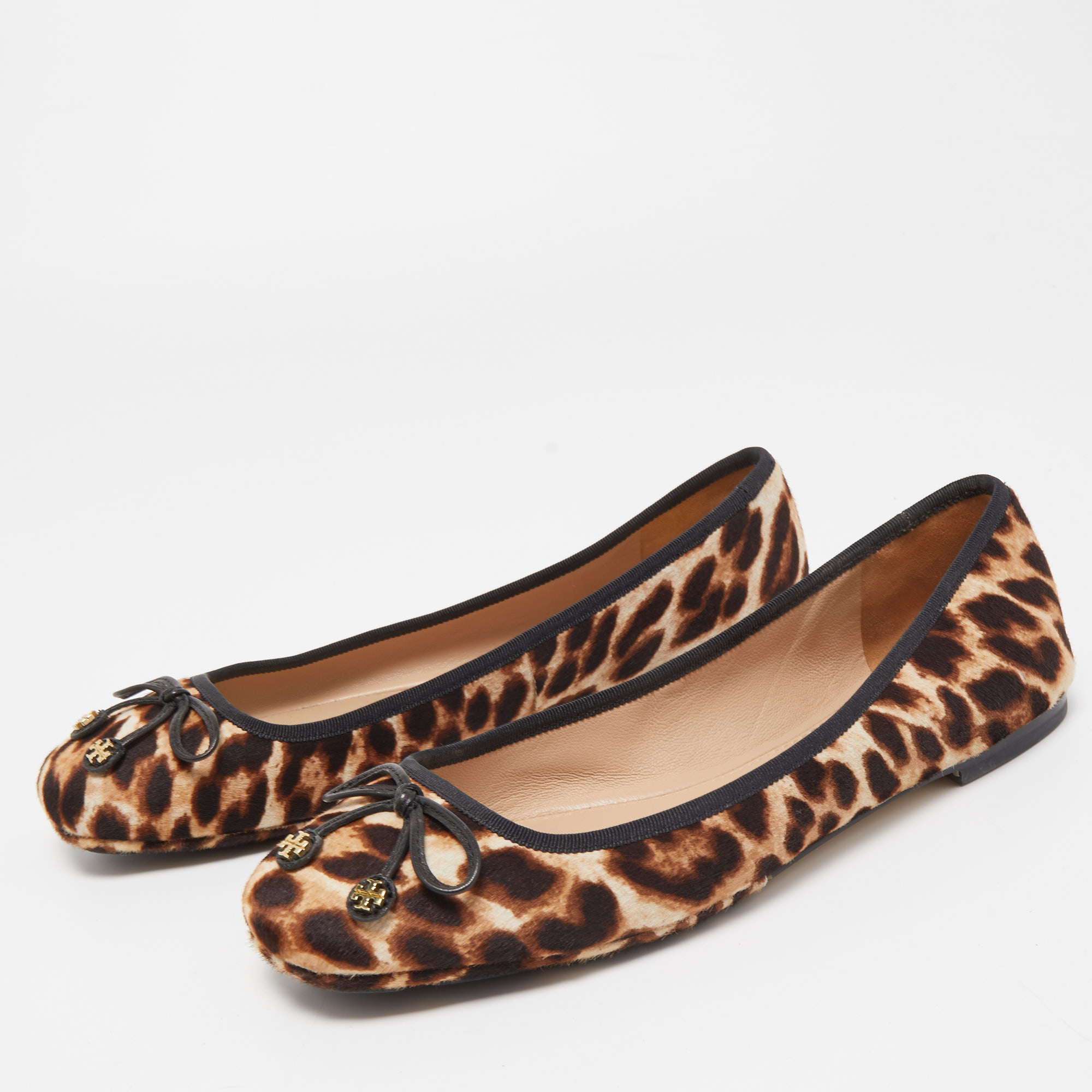 

Tory Burch Black/Brown Leopard Print Calf Hair Laila Square Toe Ballet Flats Size