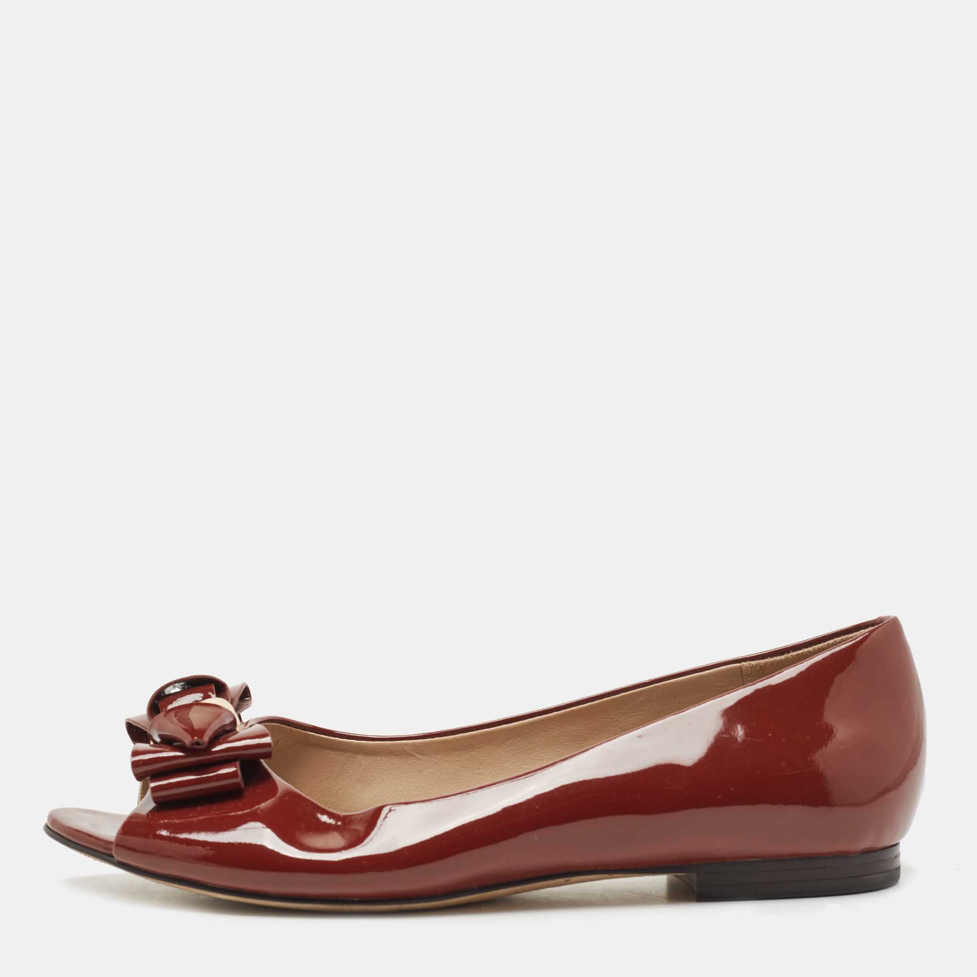 Tory Burch Burgundy Patent Leather Bow Peep Toe Ballet Flats Size 37.5 ...