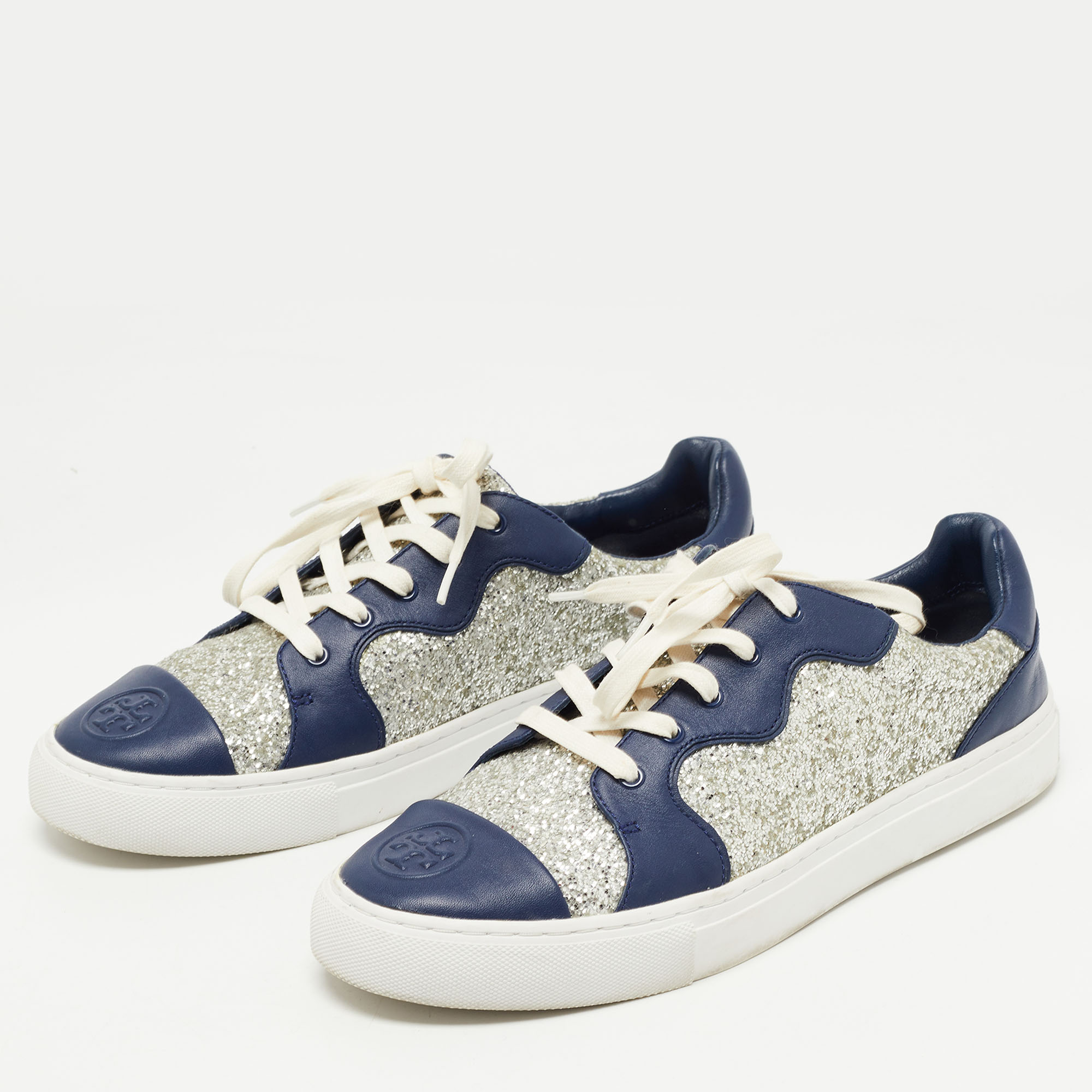 

Tory Burch Navy Blue/Silver Leather and Coarse Glitter Milo Sneakers Size