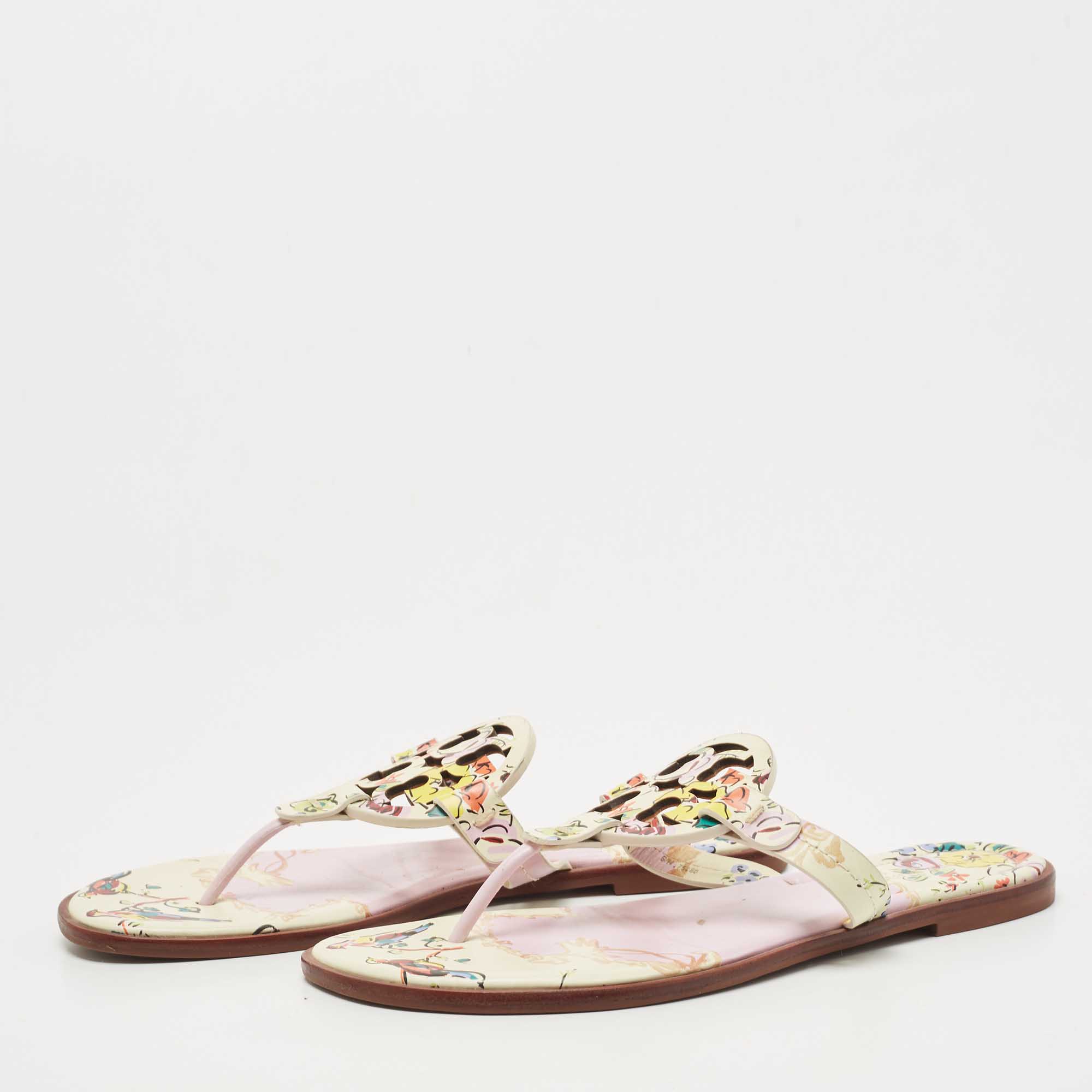 

Tory Burch Cream/Pink Printed Leather Miller Thong Flats Size