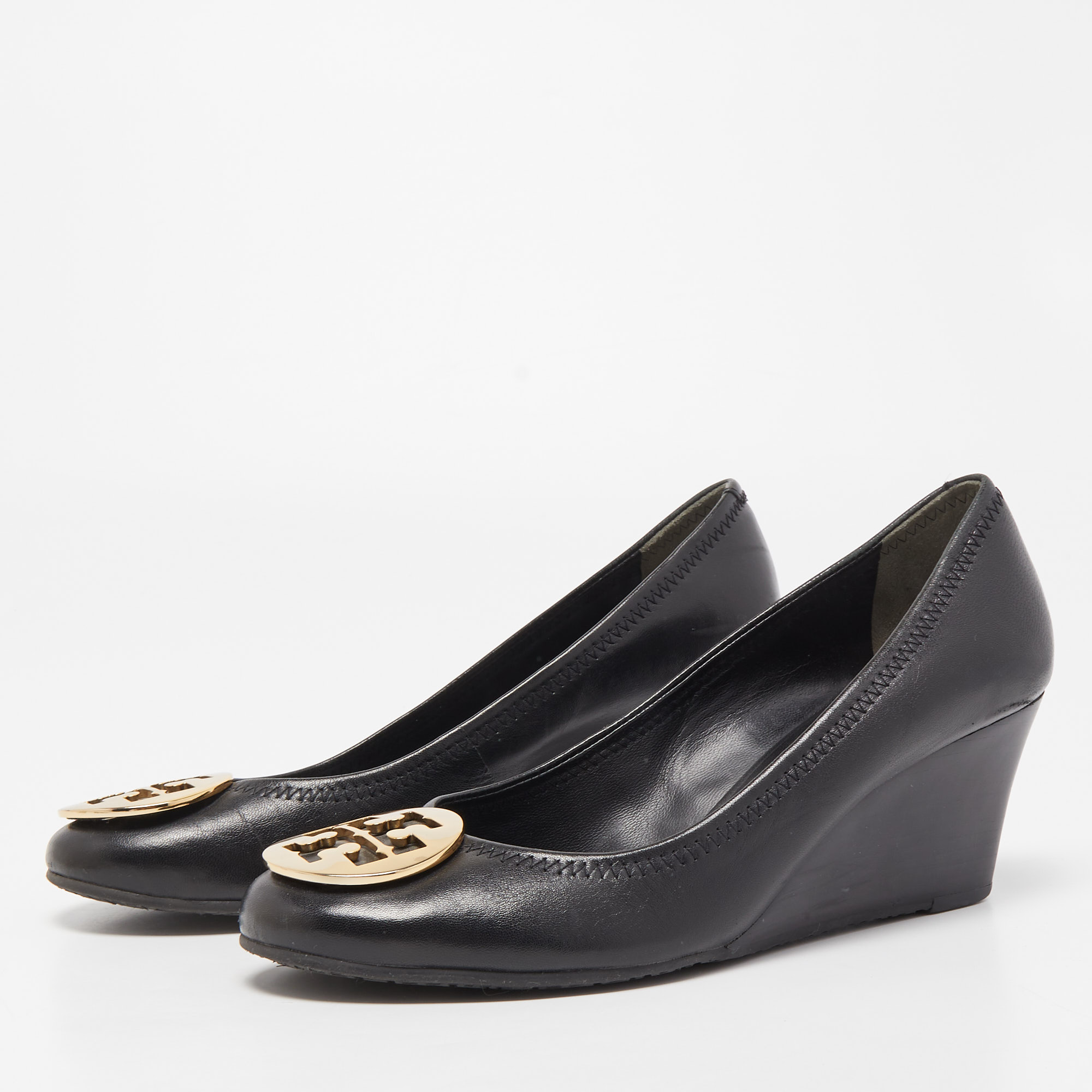 

Tory Burch Black Leather Sophie Wedge Pumps Size