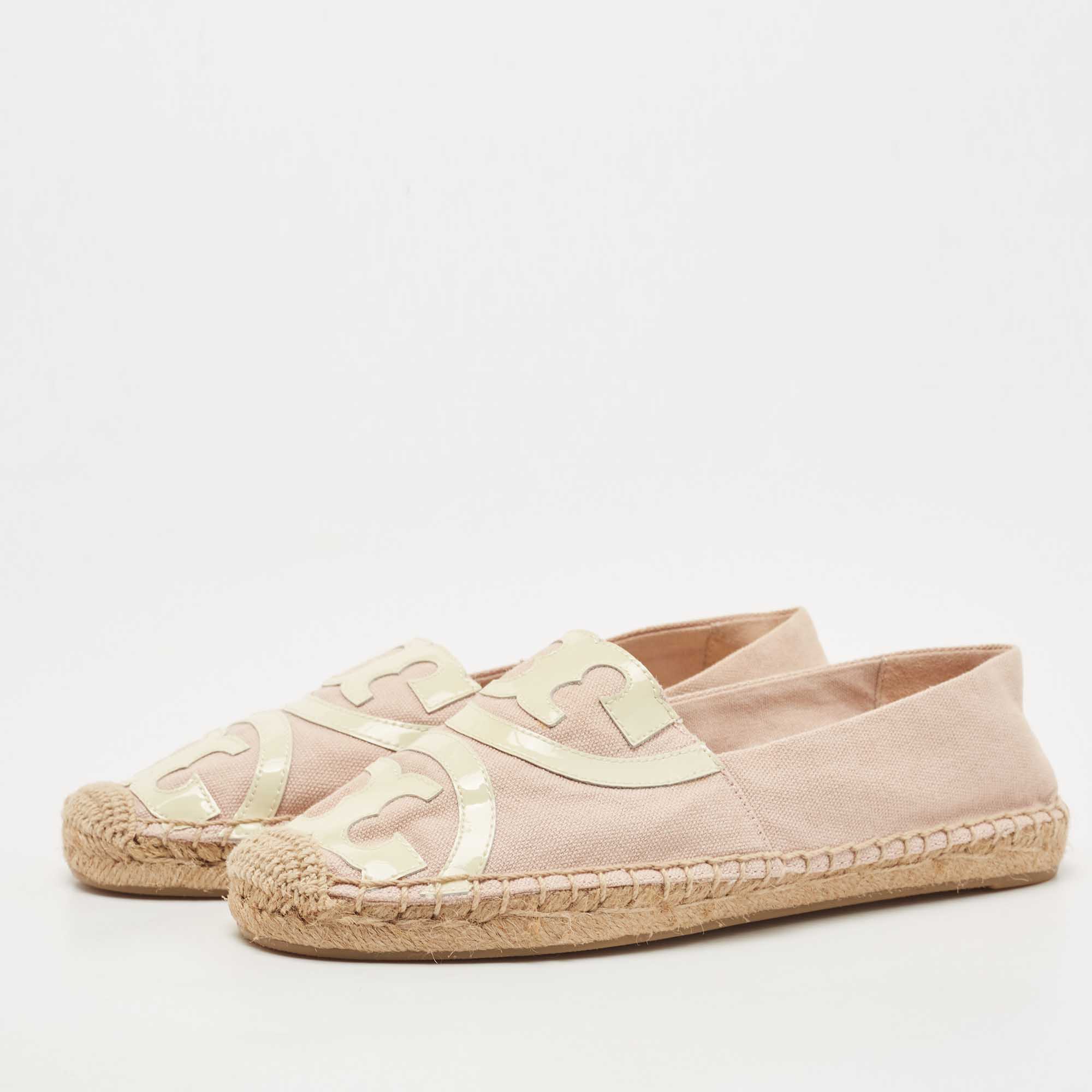 

Tory Burch Pink/Off White Canvas and Patent Leather Poppy Espadrille Flats Size