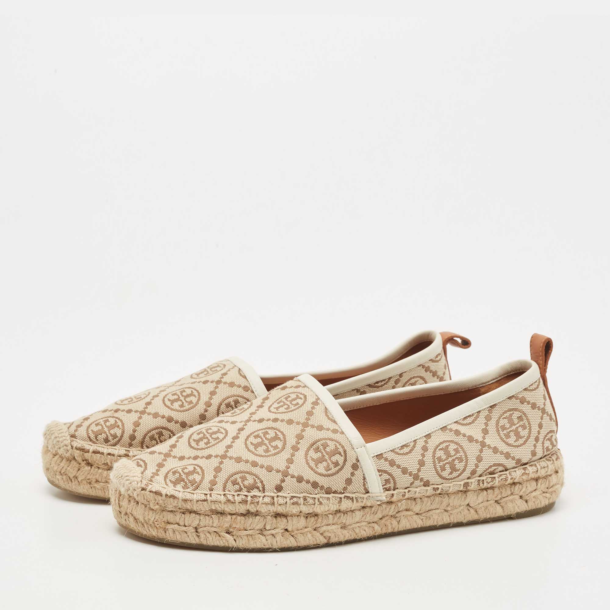 

Tory Burch Brown/Beige T Monogram Canvas And Leather Espadrille Loafers Size