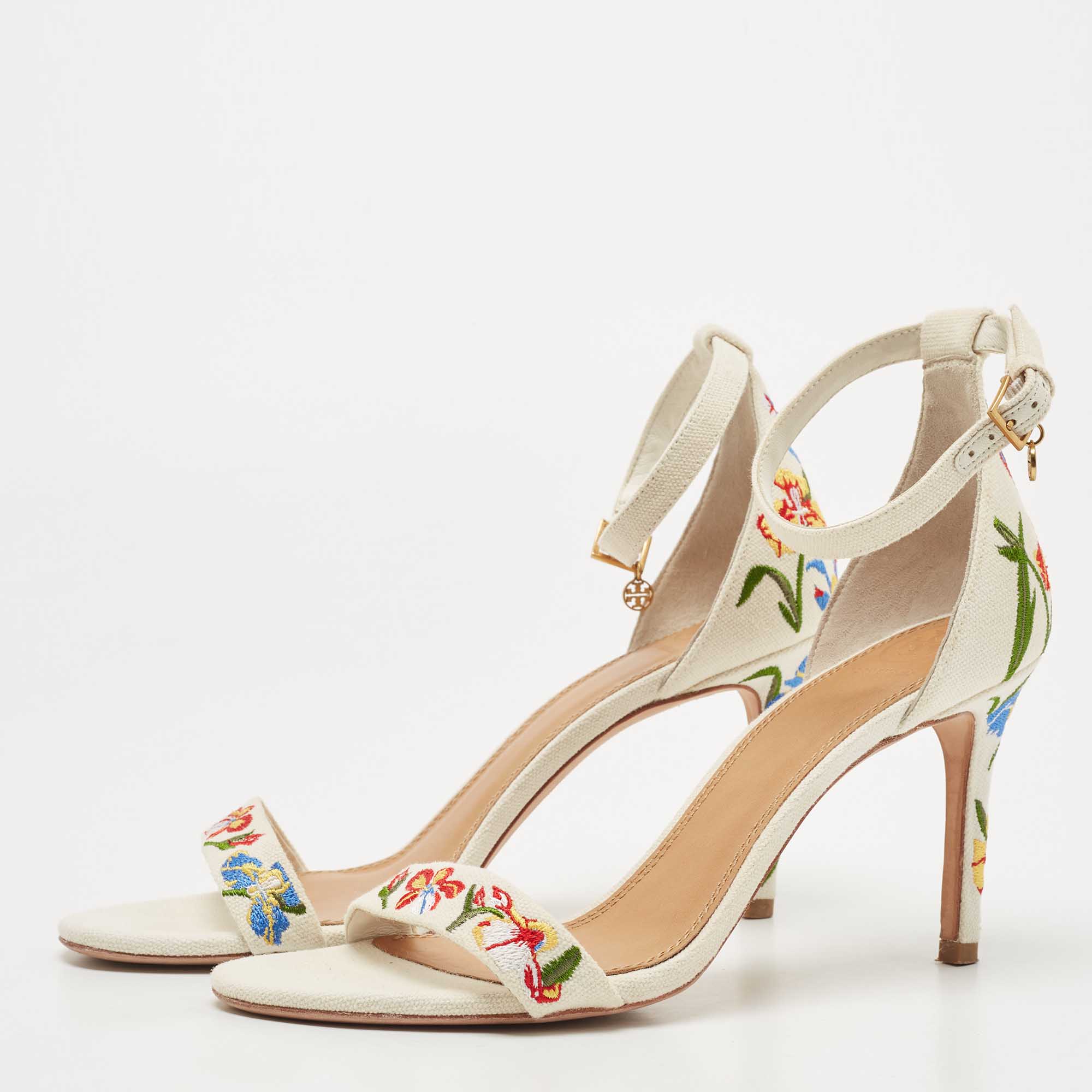 

Tory Burch Off-White Embroidered Canvas Ankle Strap Sandals Size