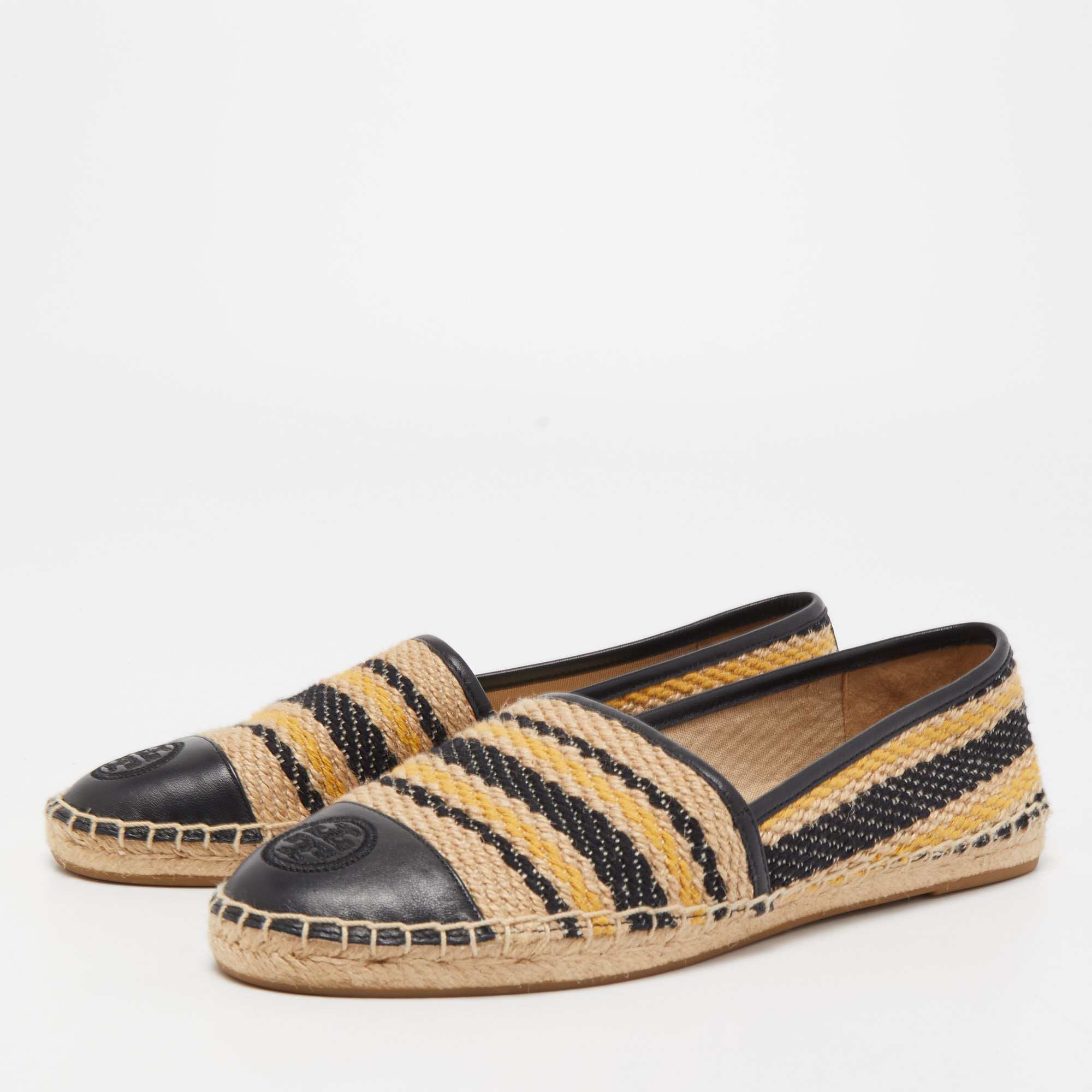 

Tory Burch Black/Beige Leather and Jute Espadrille Flats Size