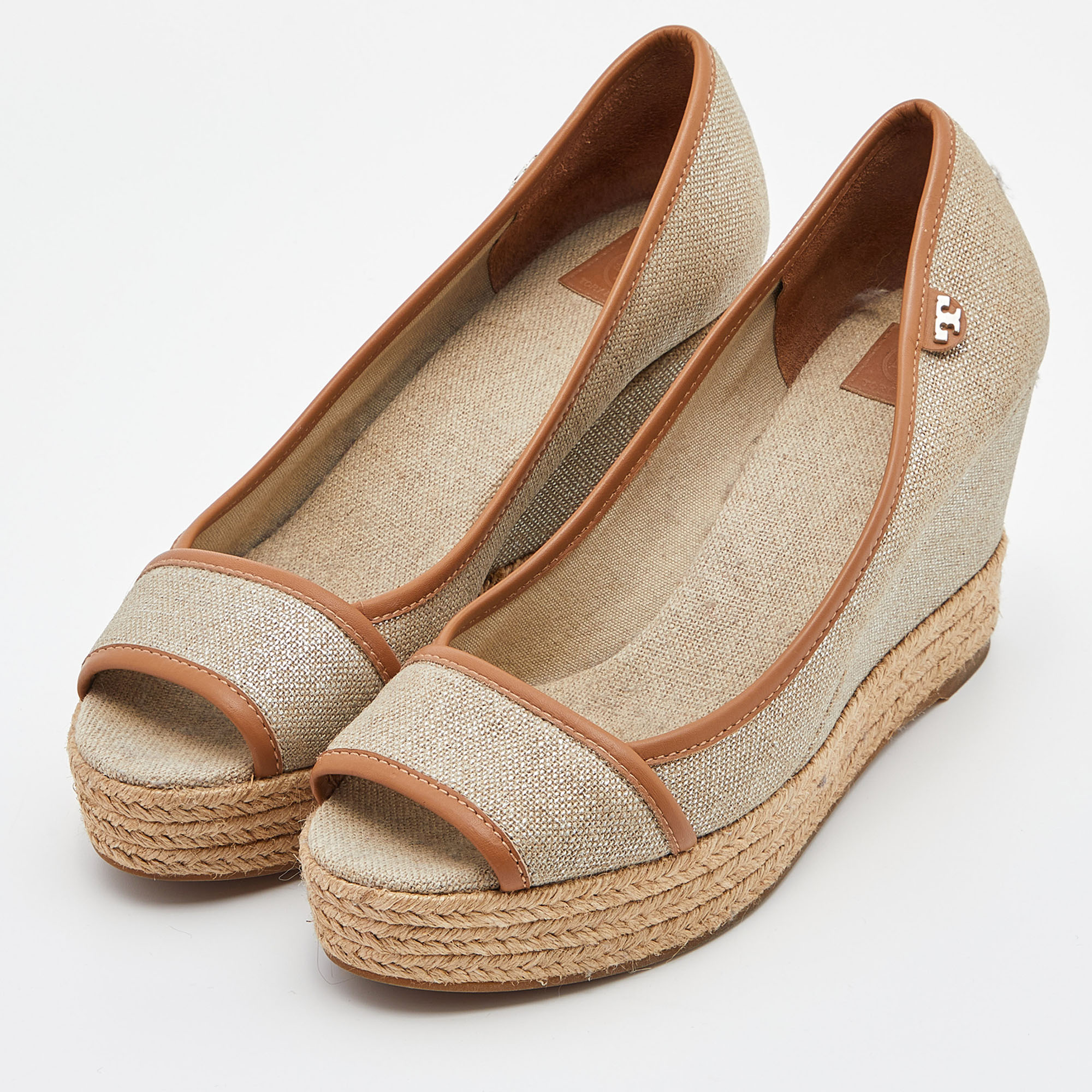

Tory Burch Beige/Tan Canvas and Leather Espadrille Wedge Pumps Size