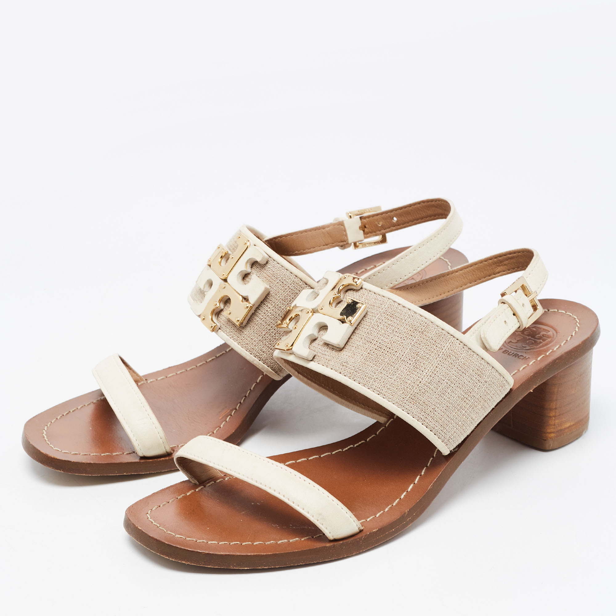 

Tory Burch Off-white/Grey Leather And Canvas Lowell Sandals Size