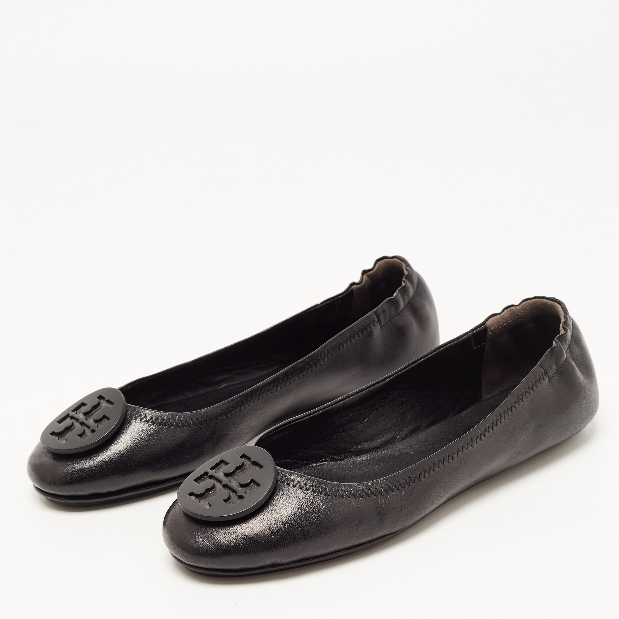 

Tory Burch Navy Blue/Beige Leather and Woven Fabric Reva Ballet Flats Size, Black