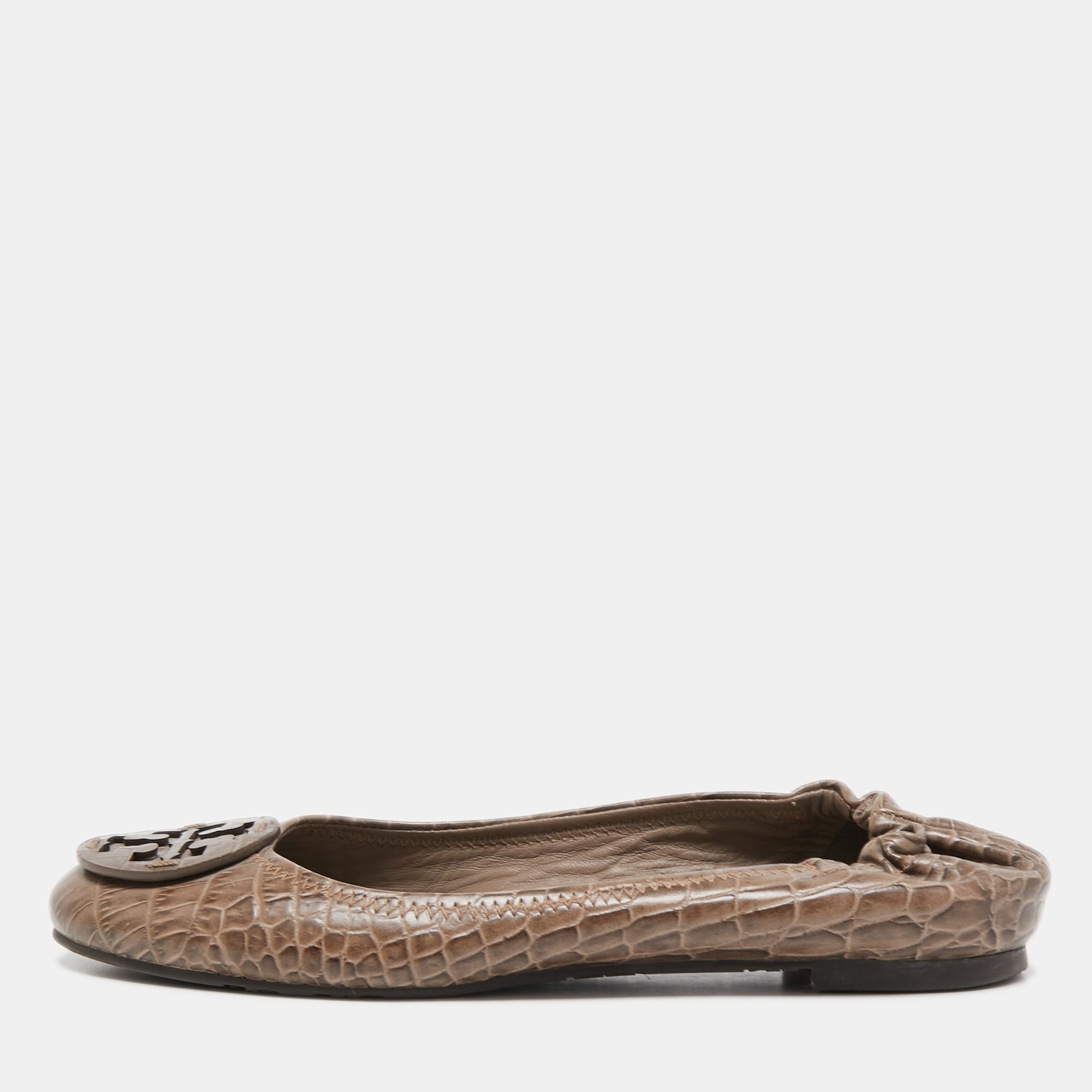 

Tory Burch Brown Croc Embossed Leather Reva Ballet Flats Size