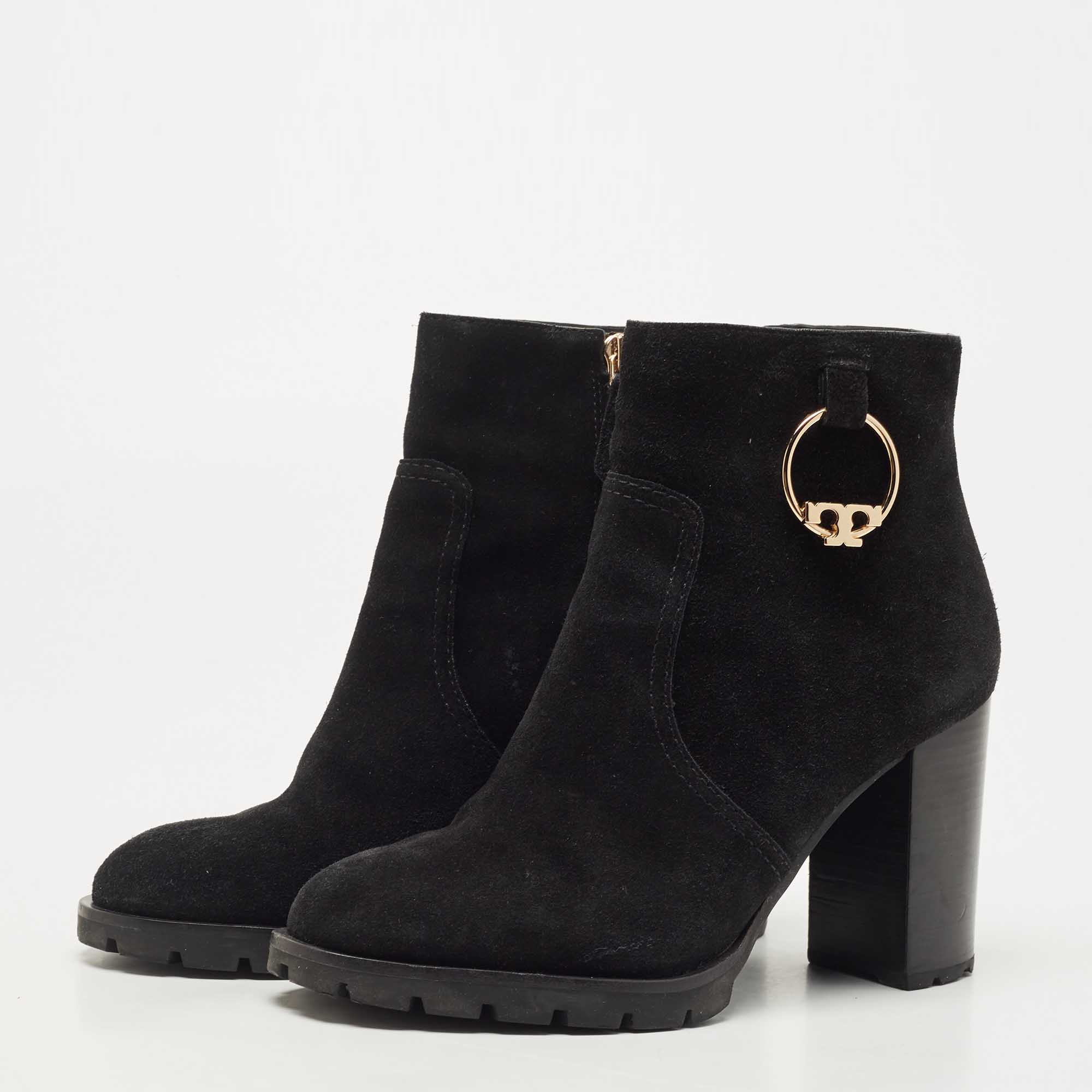 

Tory Burch Black Suede Sofia Lugged Logo Charm Ankle Boots Size