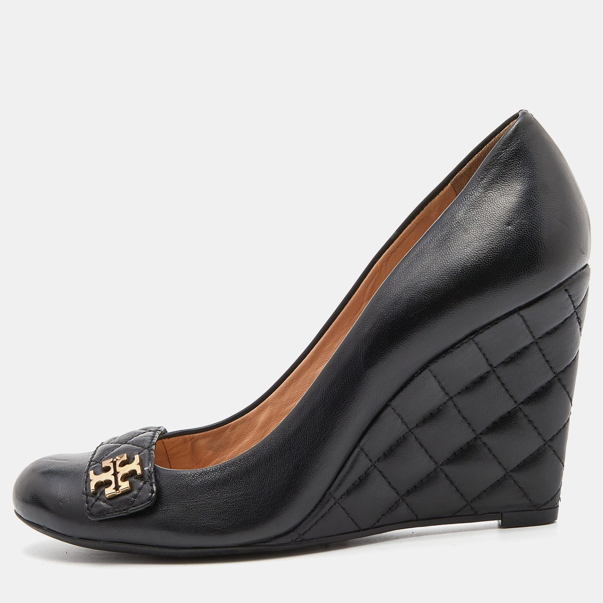 Pre-owned Tory Burch Black Quilted Leather Leila Wedge Pumps Size 40.5