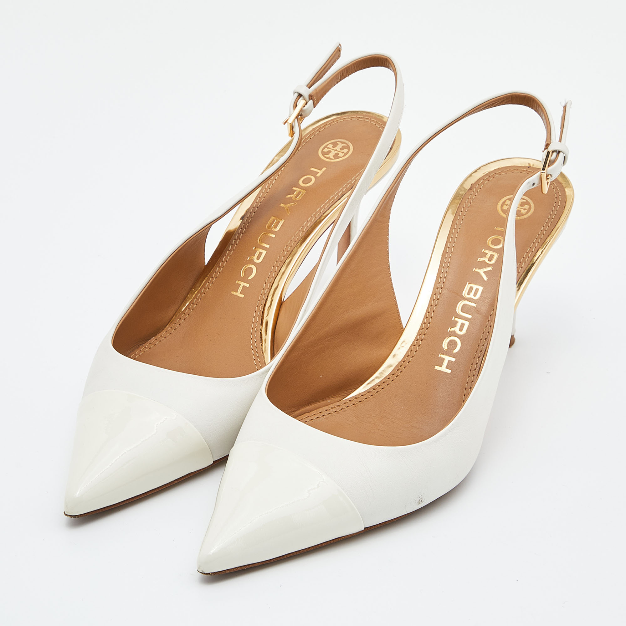 

Tory Burch White Patent and Leather Penelope Slingback Pumps Size