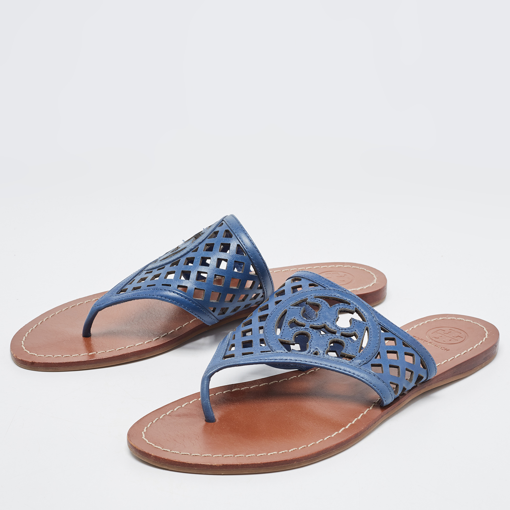 

Tory Burch Navy Blue Lattice Leather Flat Thong Sandals Size