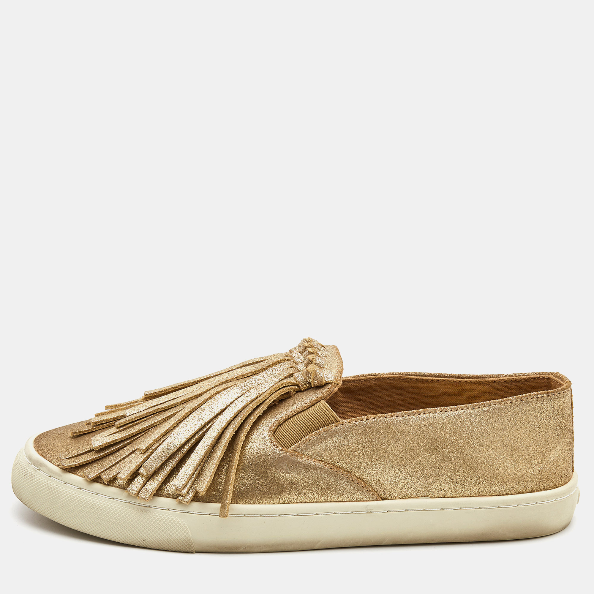 

Tory Burch Metallic Gold Leather Fringe Slip On Sneakers Size