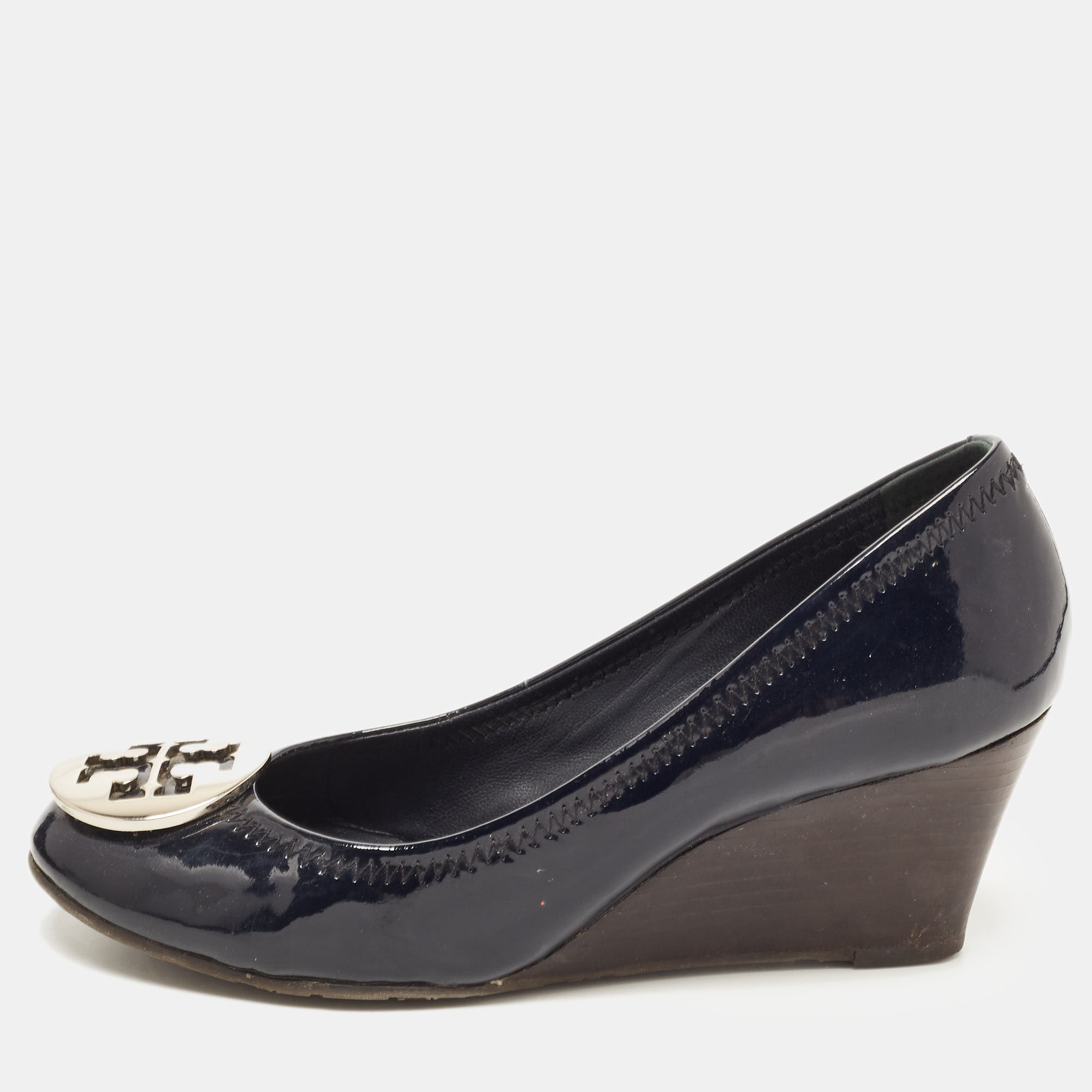 Pre-owned Tory Burch Navy Blue Patent Leather Wedge Pumps Size 36.5