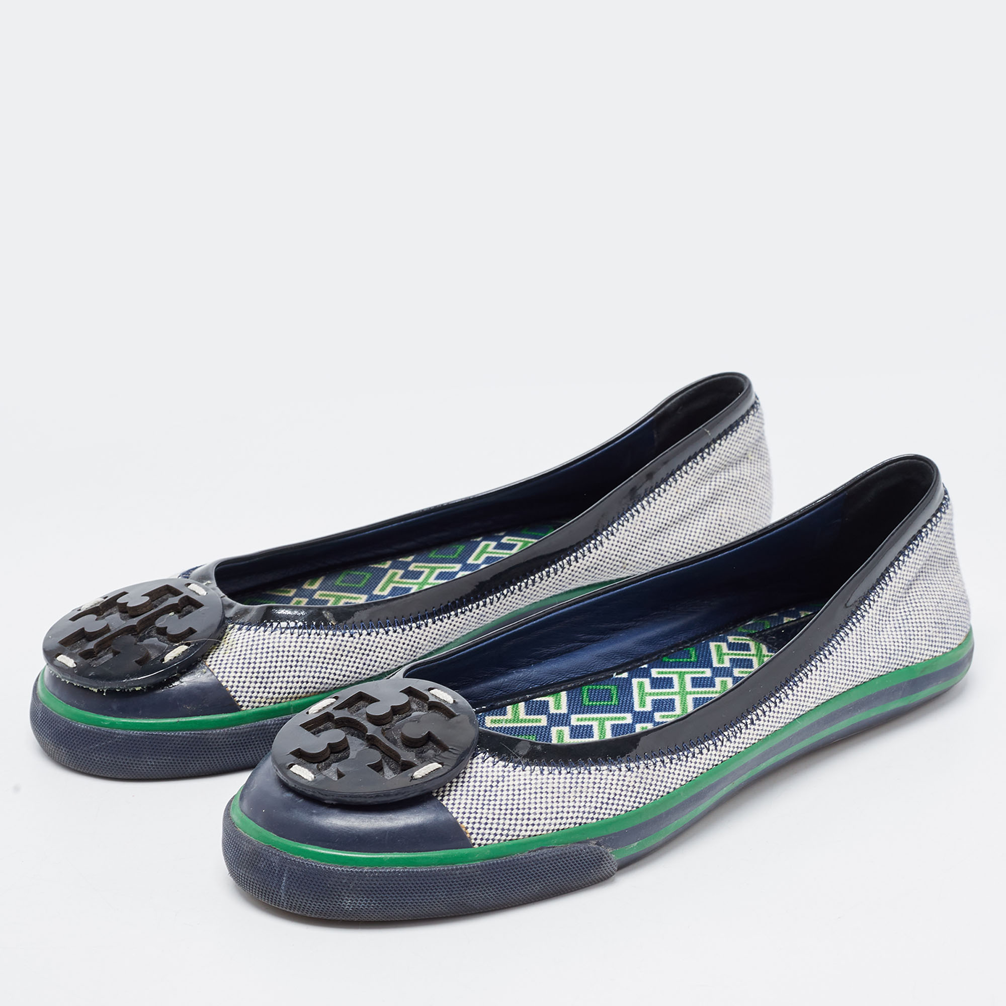 

Tory Burch Tricolor Canvas and Leather Ballet Flats Size, Navy blue