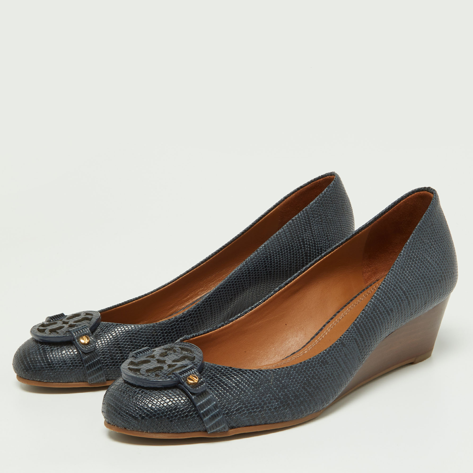 

Tory Burch Navy Blue Lizard Embossed Leather Wedge Pumps Size