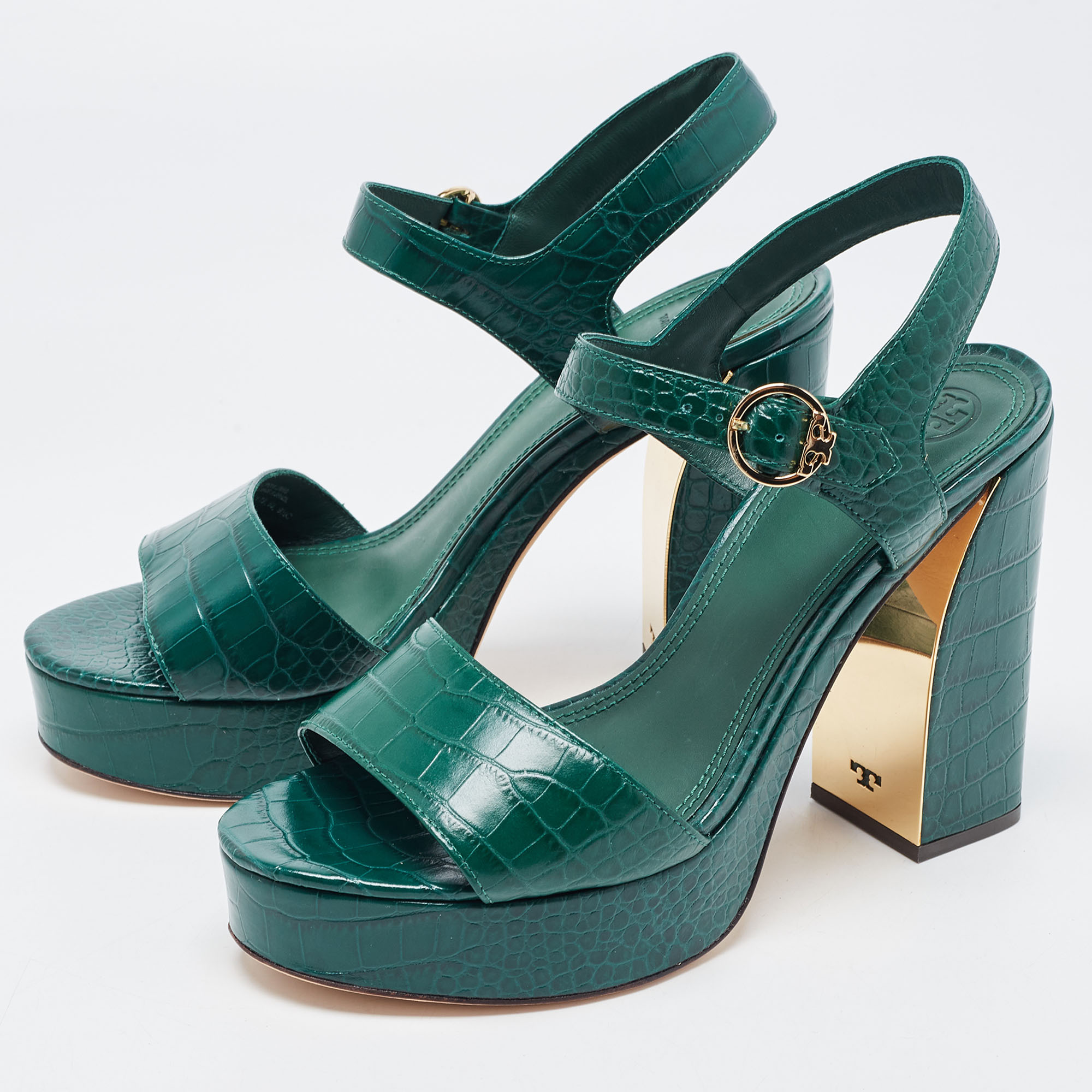 

Tory Burch Green Croc Embossed Leather Maritine Platform Ankle Strap Sandals Size