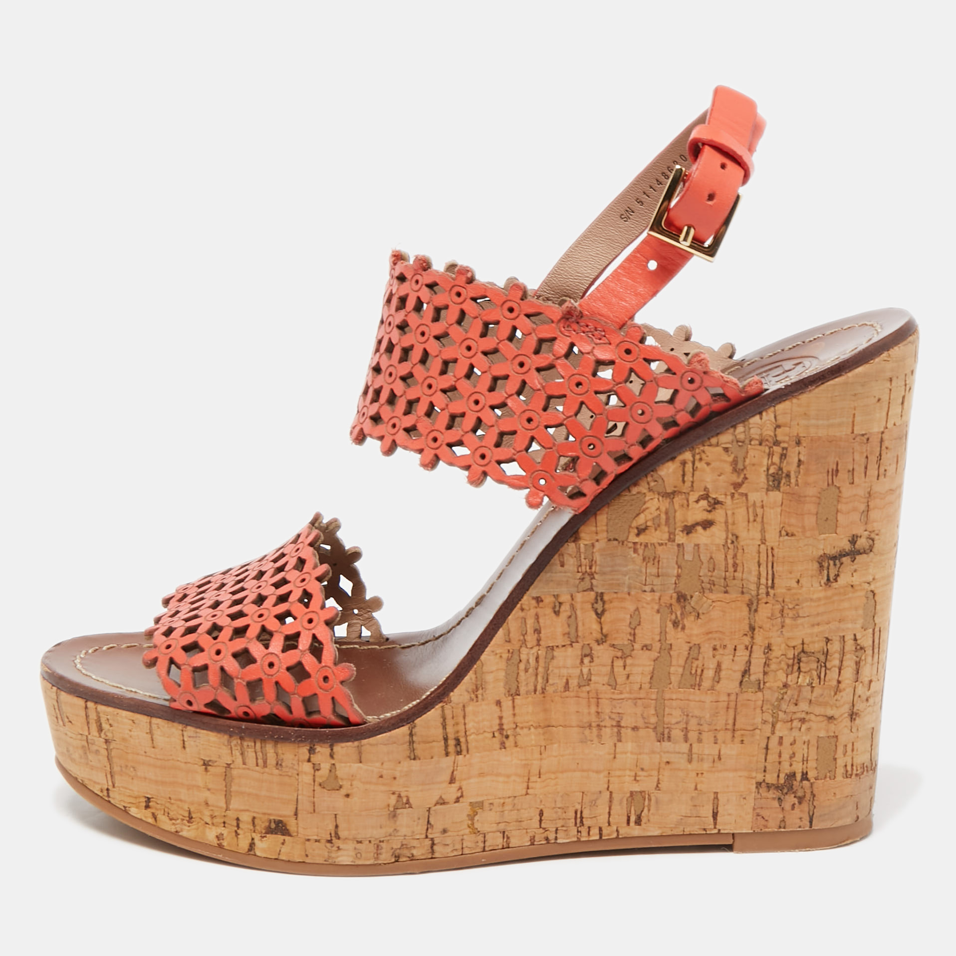 

Tory Burch Orange Perforated Leather Daisy Cork Wedge Sandals Size 37