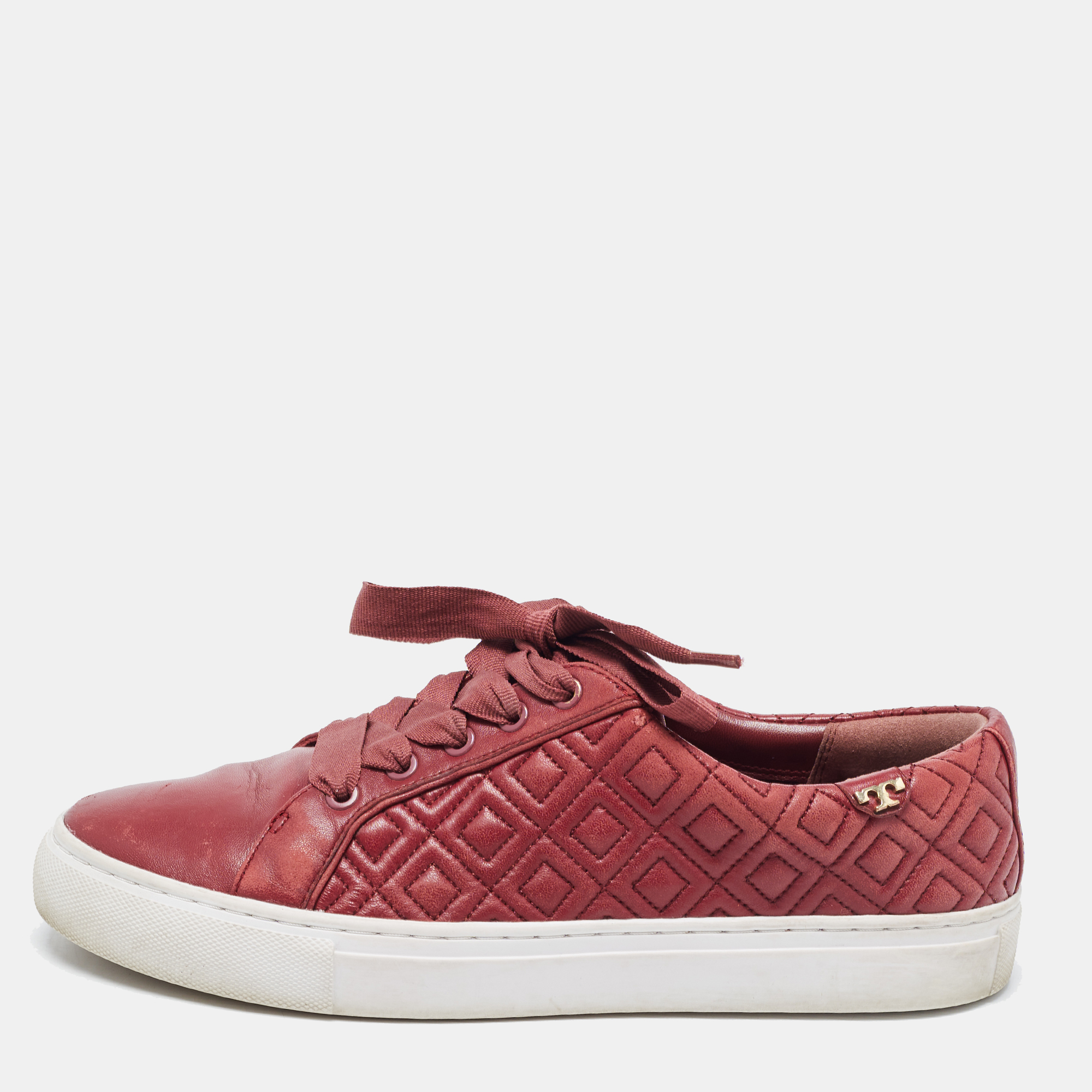 Pre-owned Tory Burch Red Quilted Leather Marion Lace Up Trainers Size 38