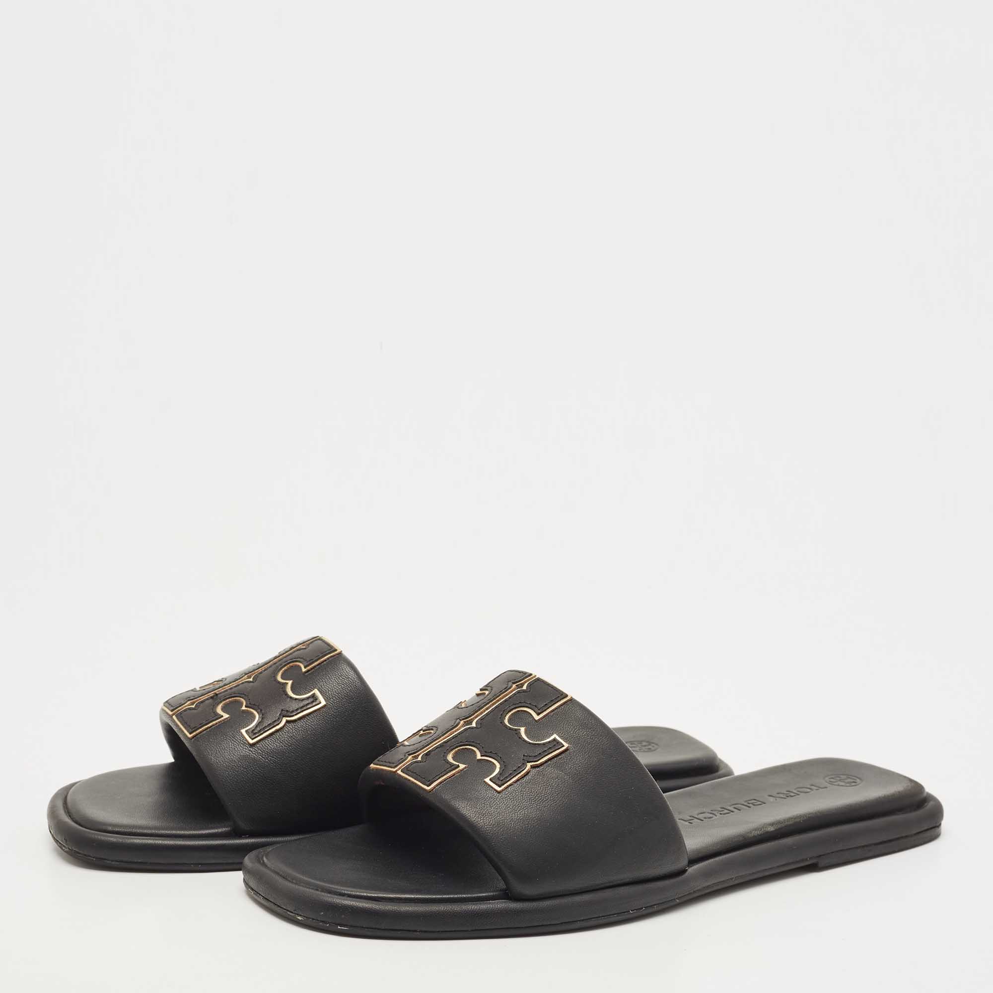 

Tory Burch Black Leather Double T Flat Slides Size
