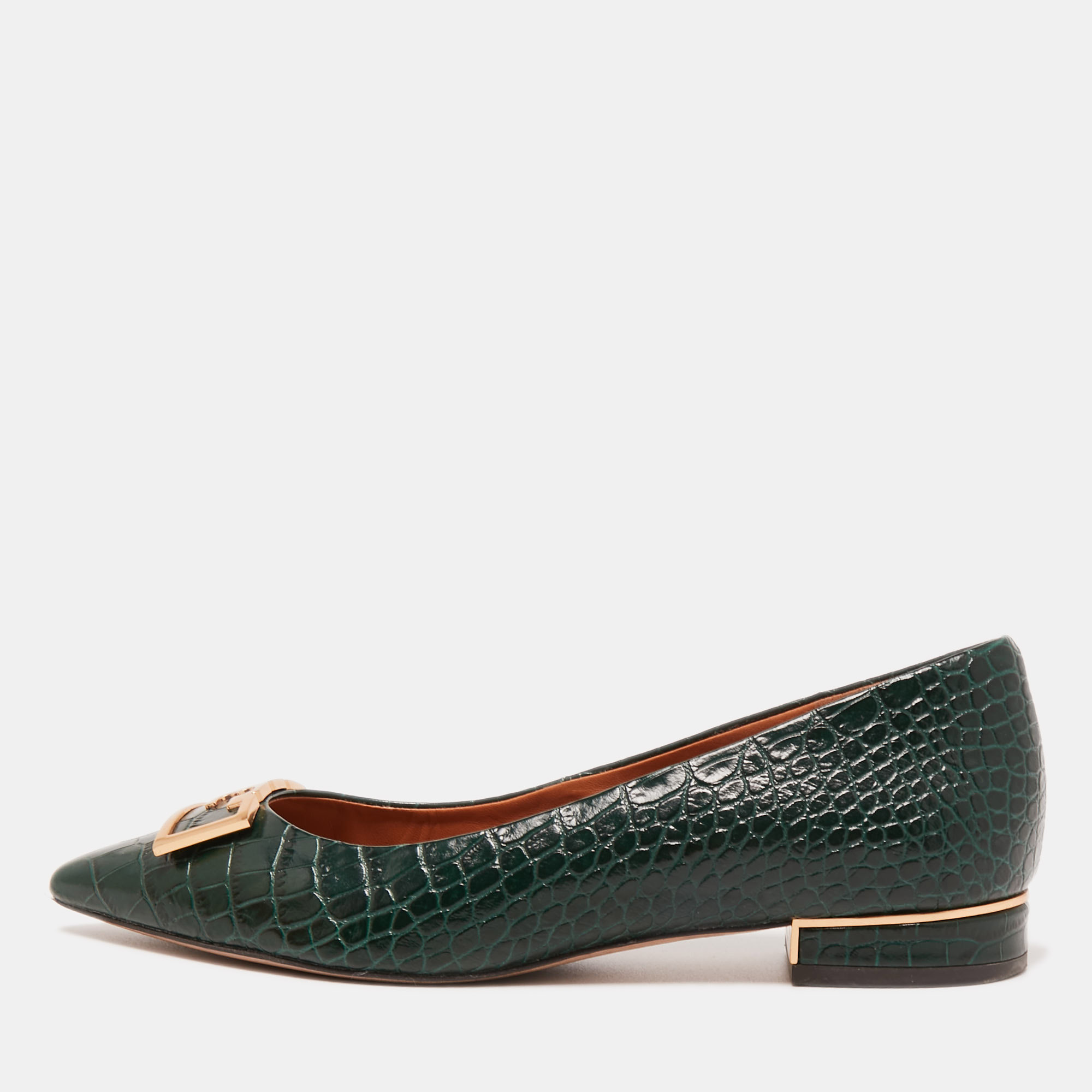 

Tory Burch Green Croc Embossed Leather Pointed Toe Ballet Flats Size