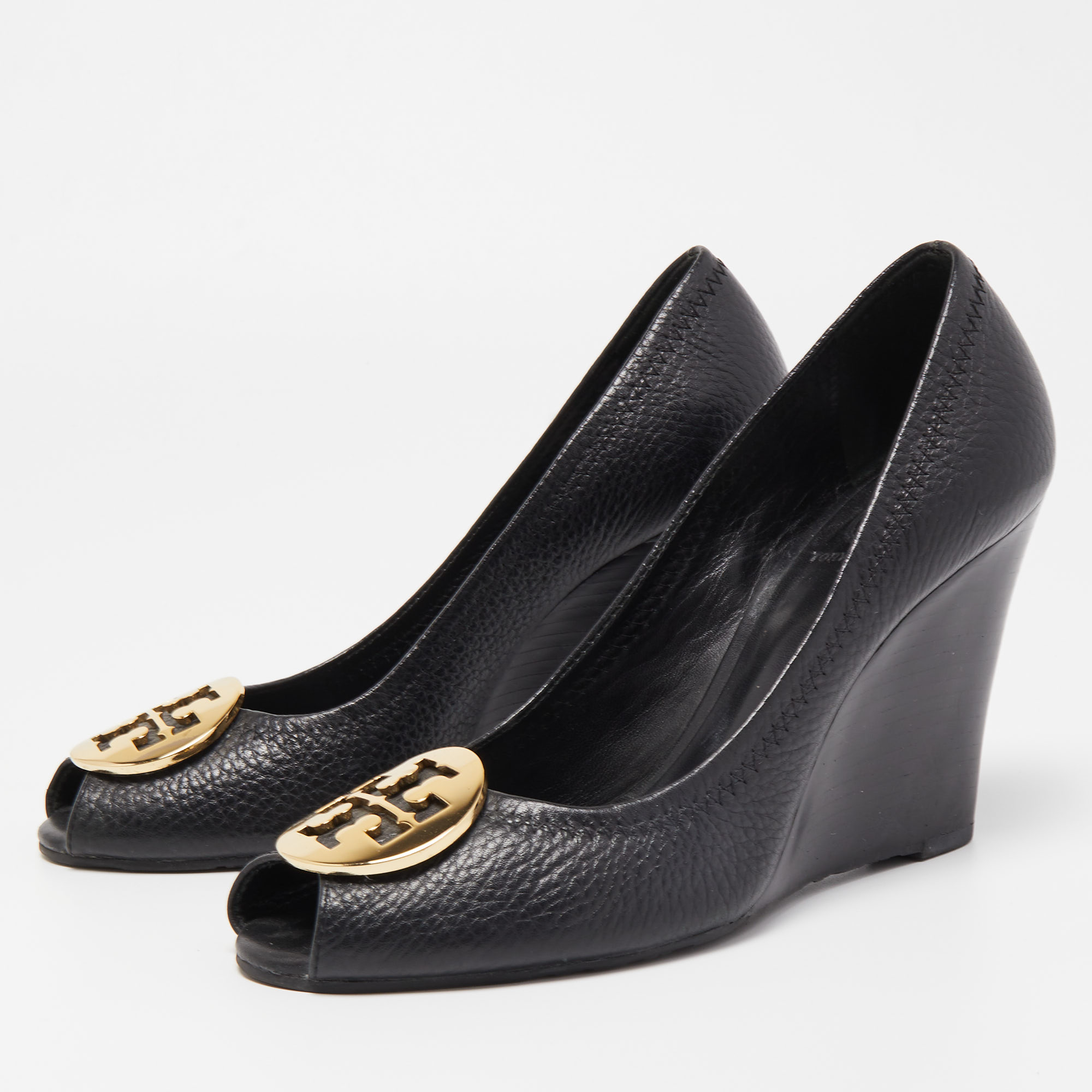

Tory Burch Black Leather Sophie Peep Toe Wedge Pumps Size