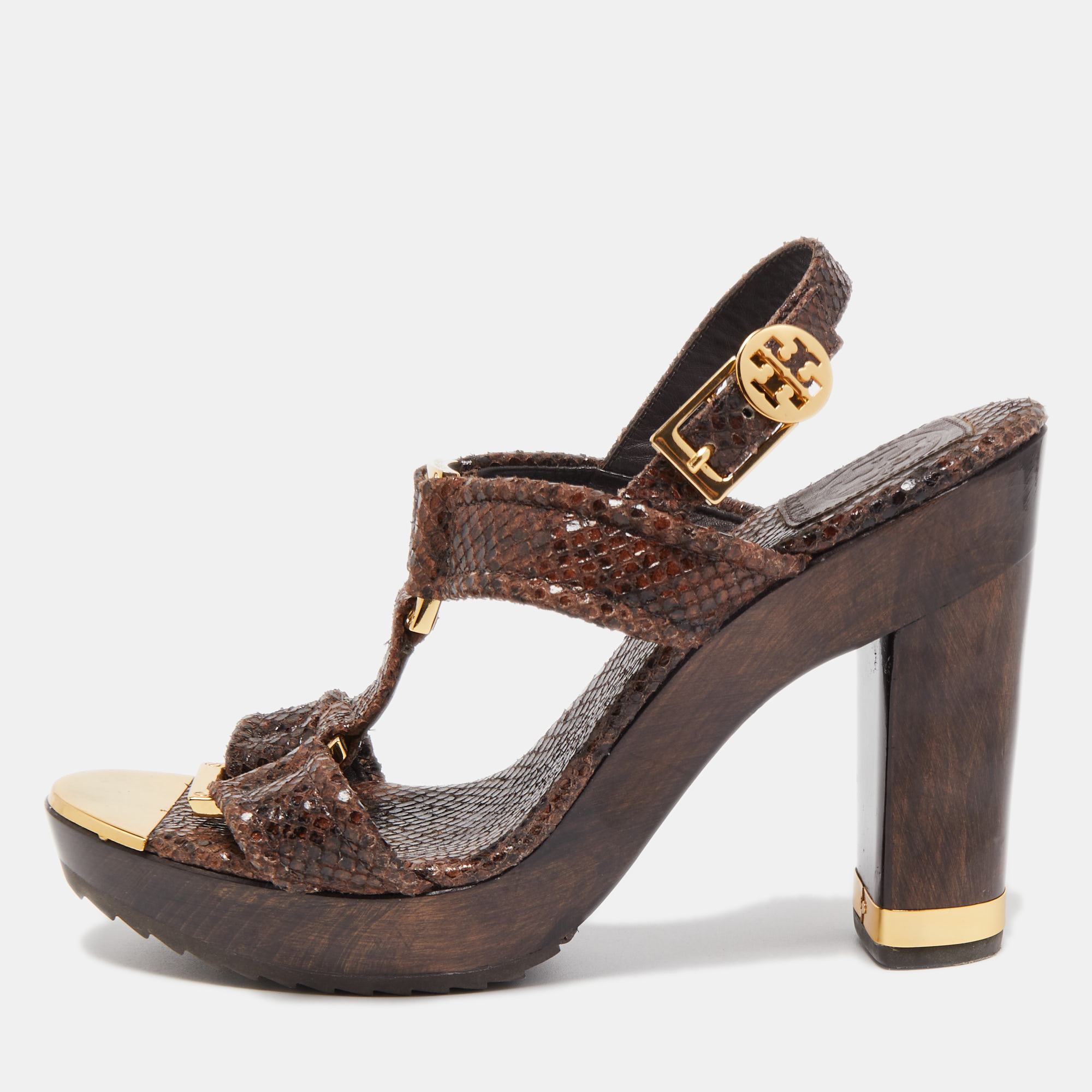 Pre-owned Tory Burch Brown Python Embossed Leather Slingback Sandals Size 38