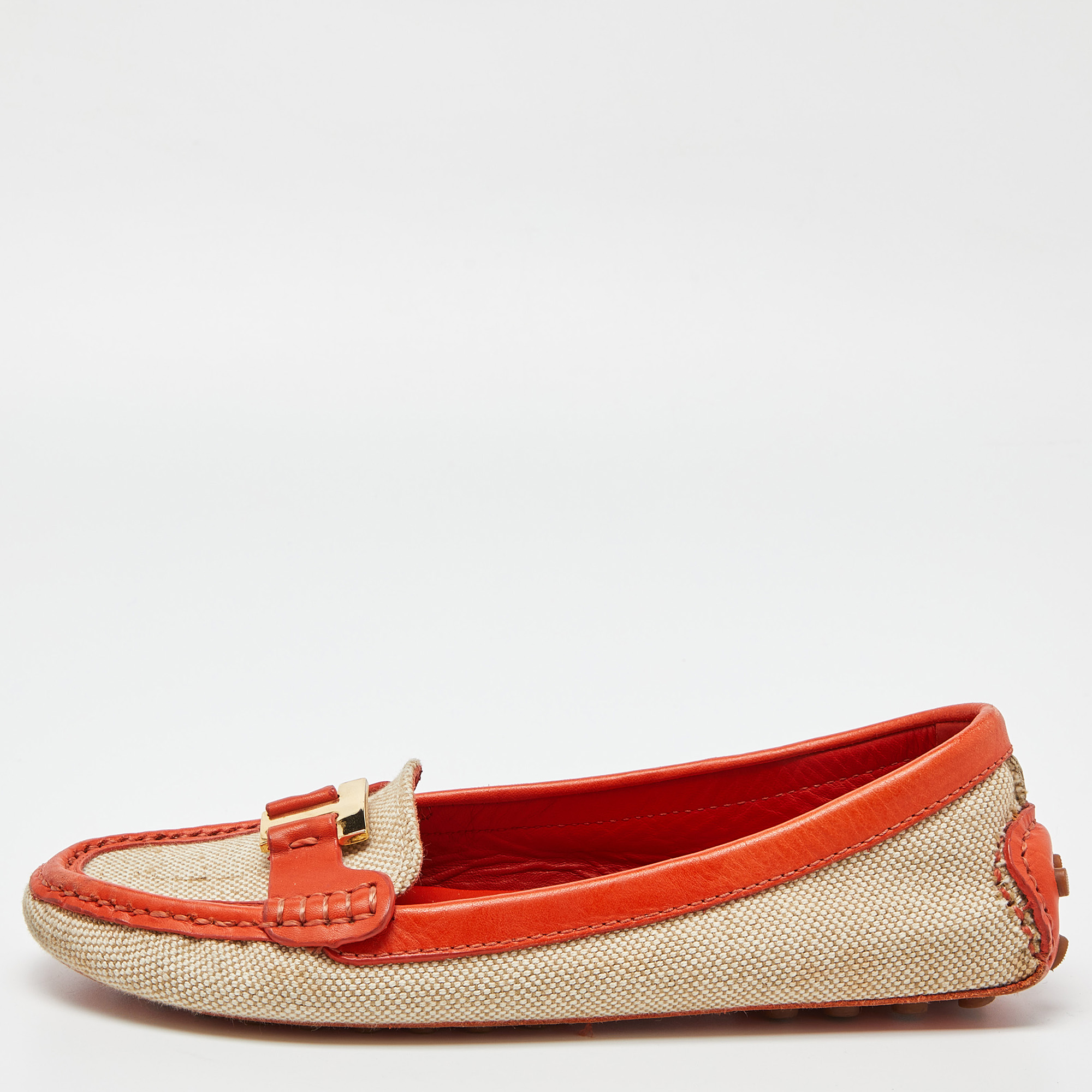 

Tory Burch Beige/Orange Canvas and Leather Casey Loafers Size
