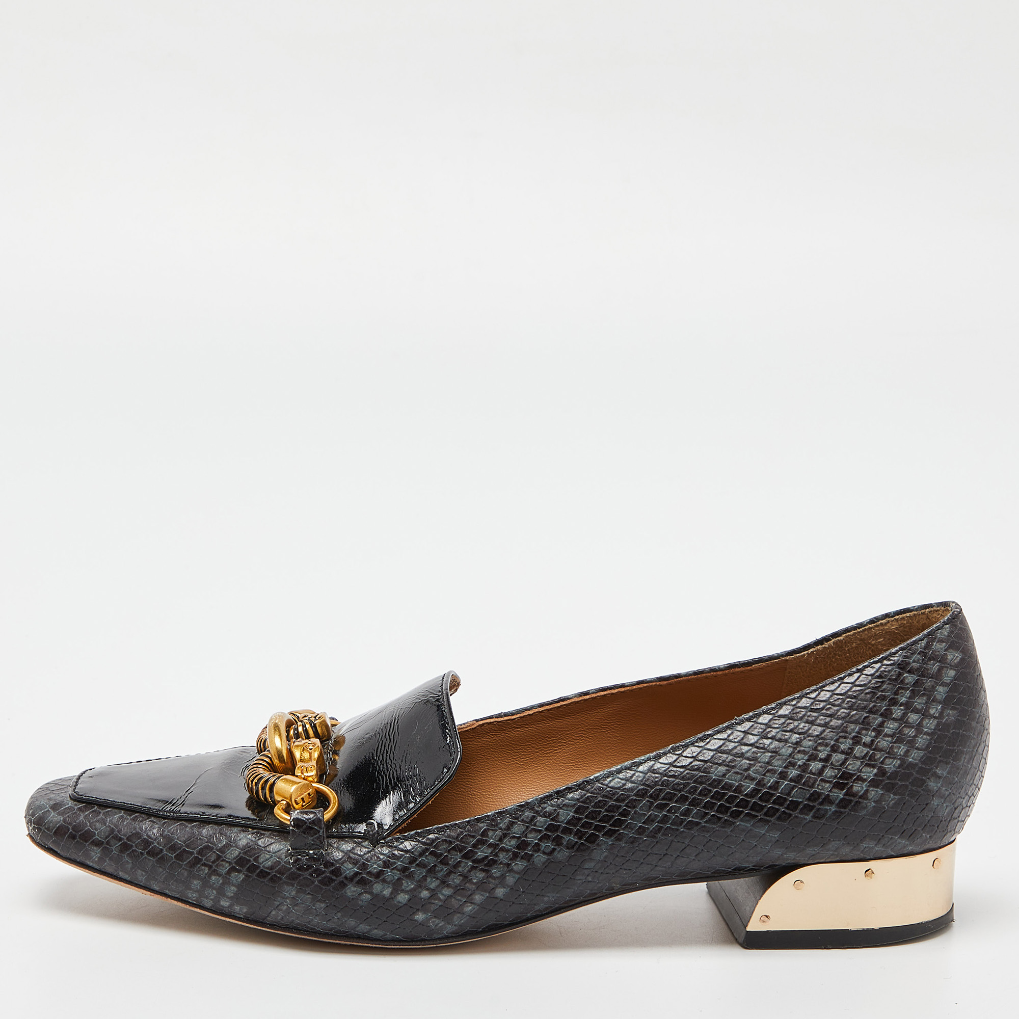 Pre-owned Tory Burch Two Tone Embossed Snakeskin And Patent Leather Jessa Loafers Size 38 In Black