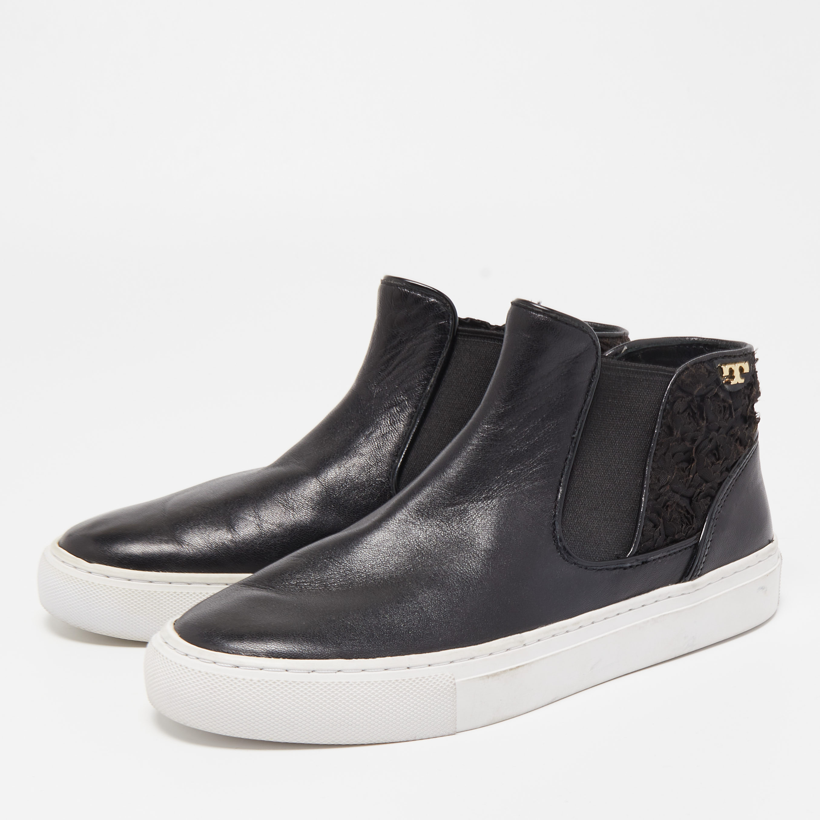 

Tory Burch Black Leather Floyd High Top Sneakers Size