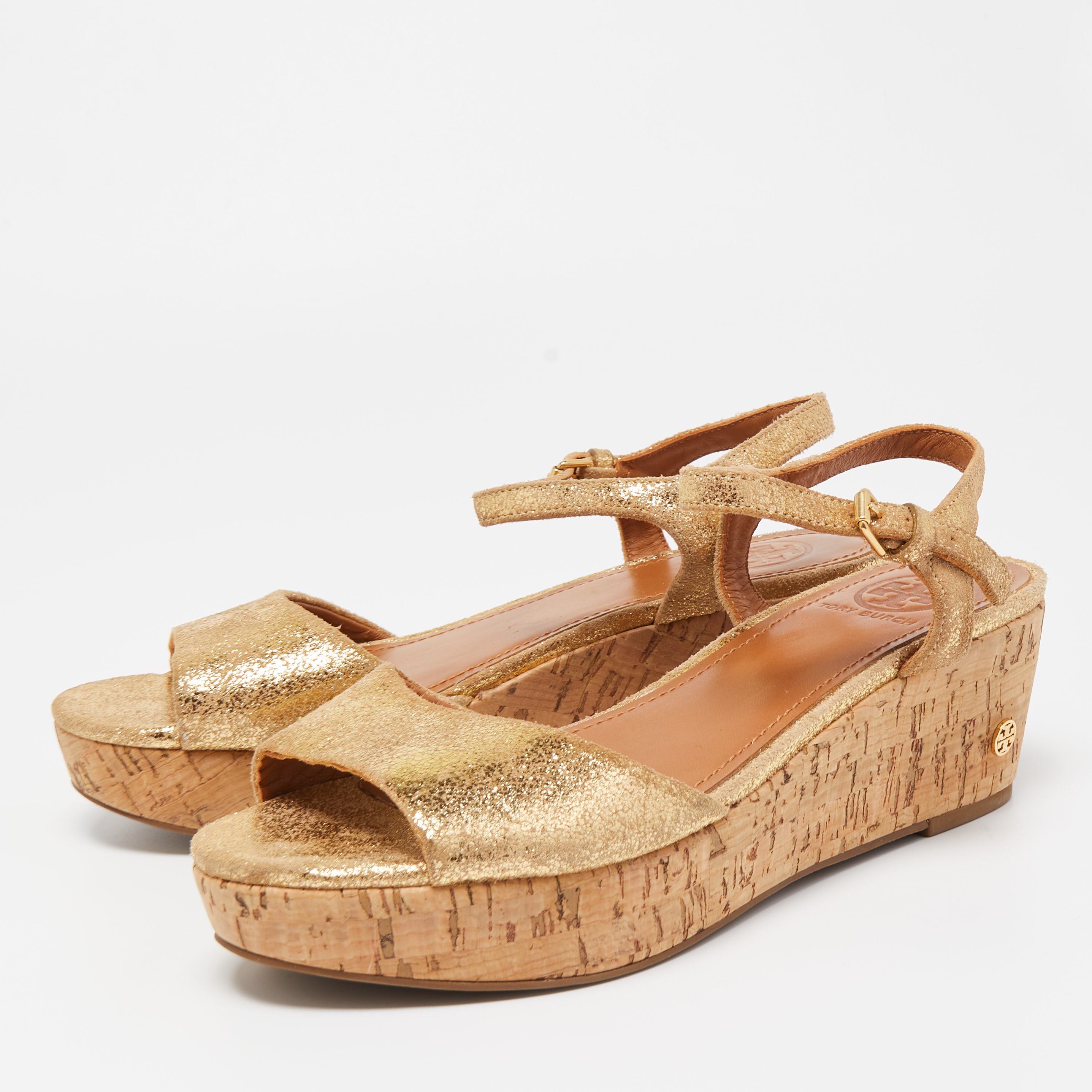 

Tory Burch Metallic Gold Texture Suede Dahlia Wedge Sandals Size