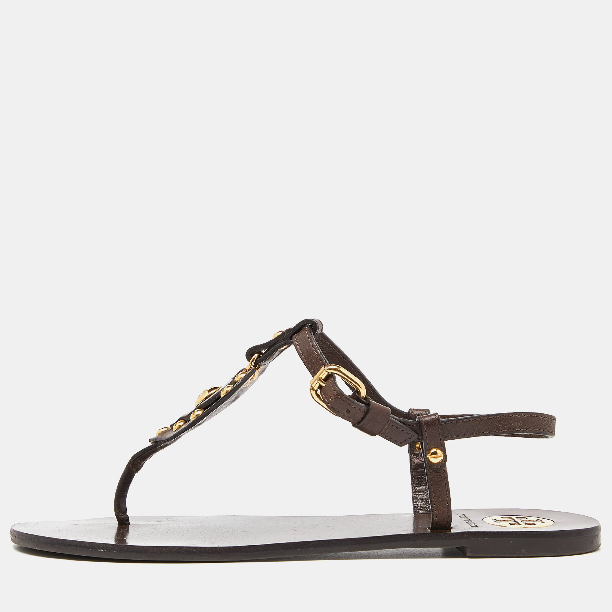 

Tory Burch Brown Studded Leather T Strap Thong Flat Sandals Size
