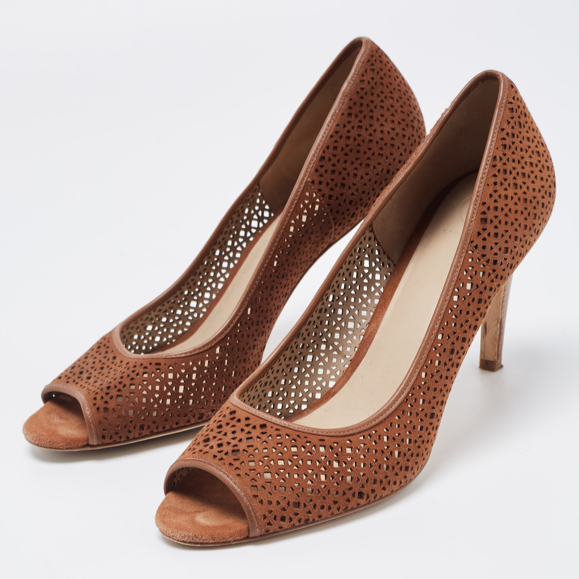 

Tory Burch Brown Laser Cut Suede Peep Toe Pumps Size