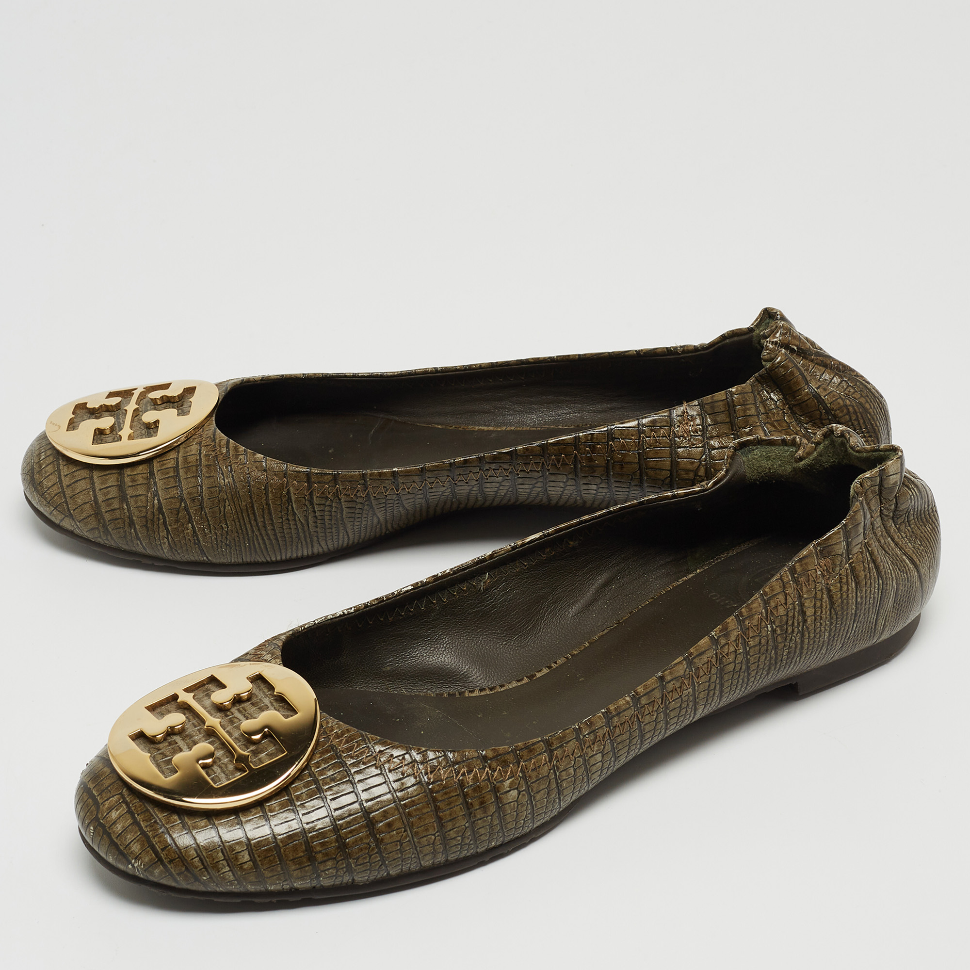 

Tory Burch Olive Green Lizard Embossed Leather Minnie Ballet Flats Size