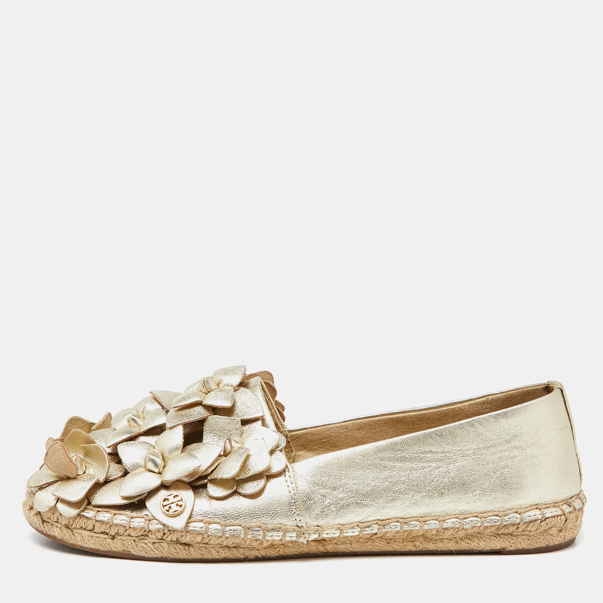 

Tory Burch Gold Leather Blossom Espadrille Flats Size