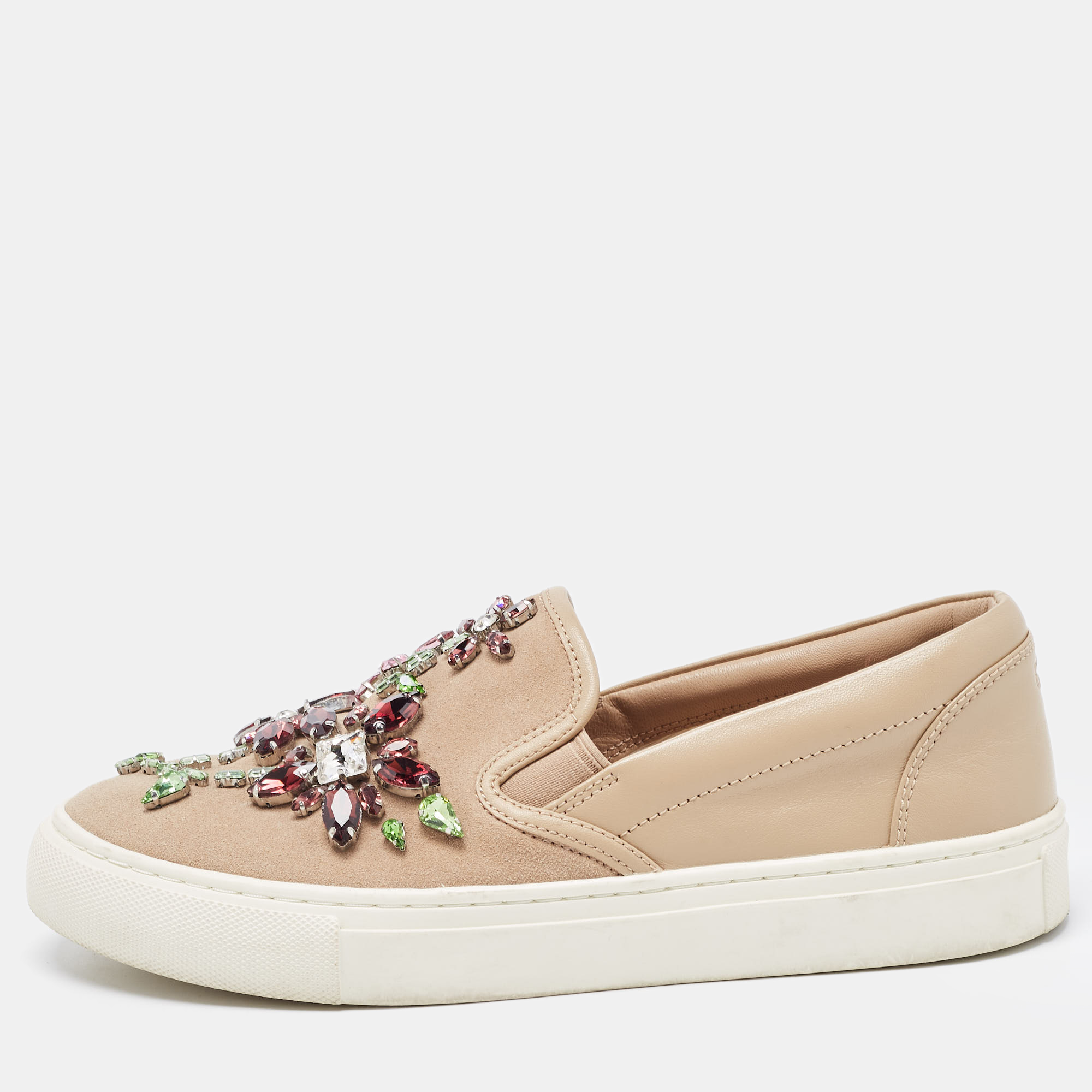 

Tory Burch Beige Leather and Suede Crystal Embellished Slip On Sneakers Size
