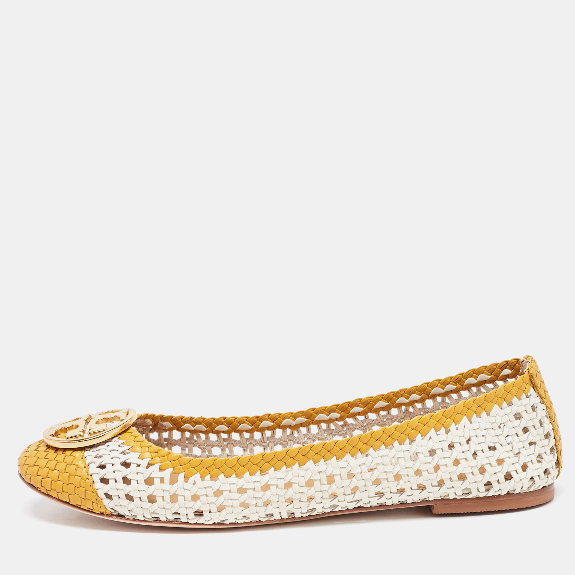 Pre Owned Tory Burch White/Yellow Woven Leather Reva Ballet Flats Size 39
