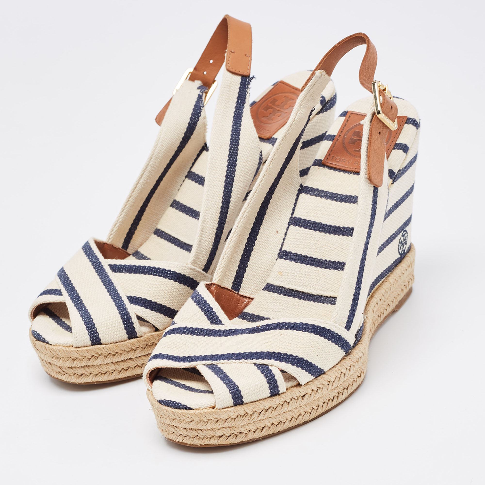 

Tory Burch Navy Blue/White Striped Canvas Espadrille Wedge Sandals Size