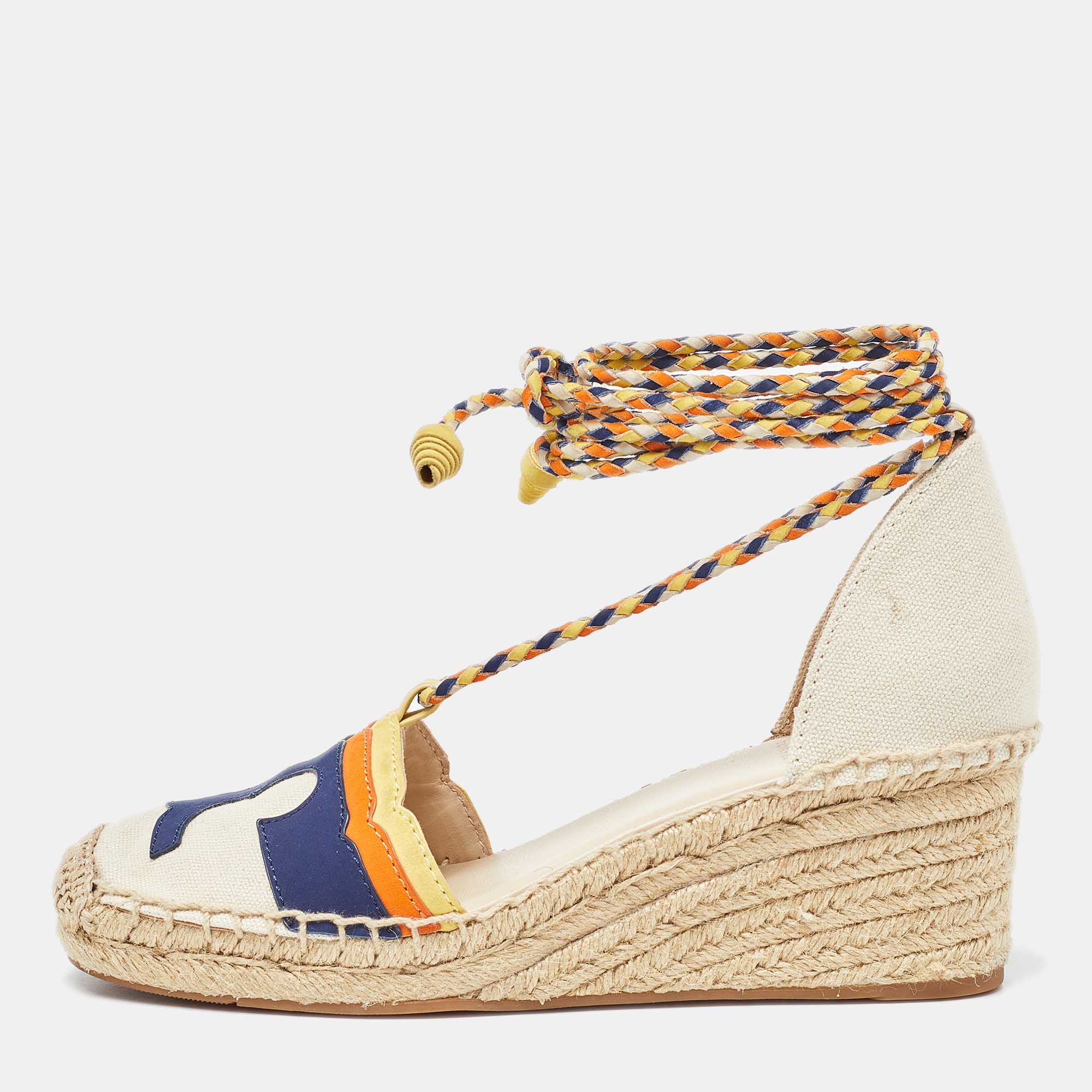 Pre-owned Tory Burch Multicolor Canvas And Nubuck Laguna Espadrille Wedge Sandals 35.5