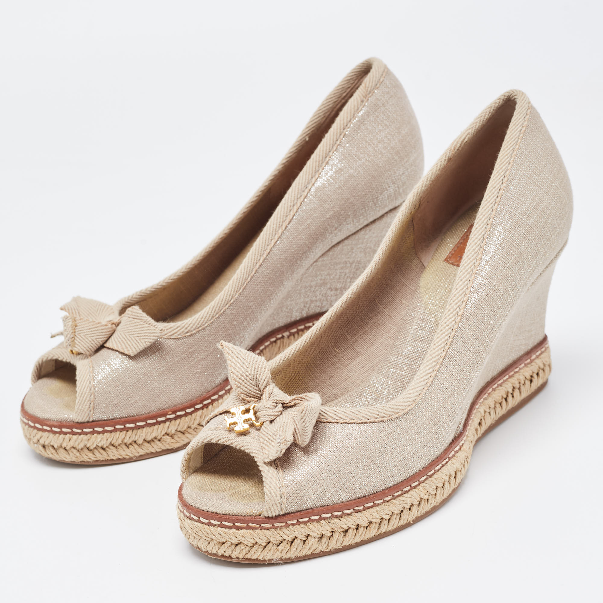 

Tory Burch Grey Canvas Jackie Bow Espadrille Wedge Pumps Size