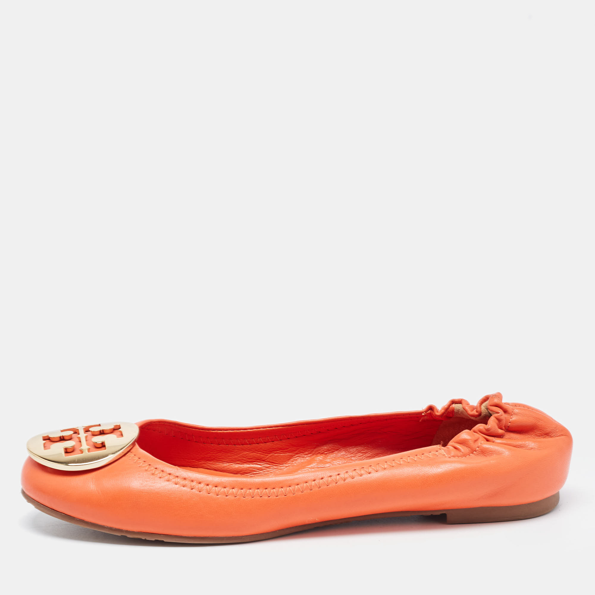 Pre-owned Tory Burch Orange Leather Minnie Scrunch Ballet Flats Size 36.5
