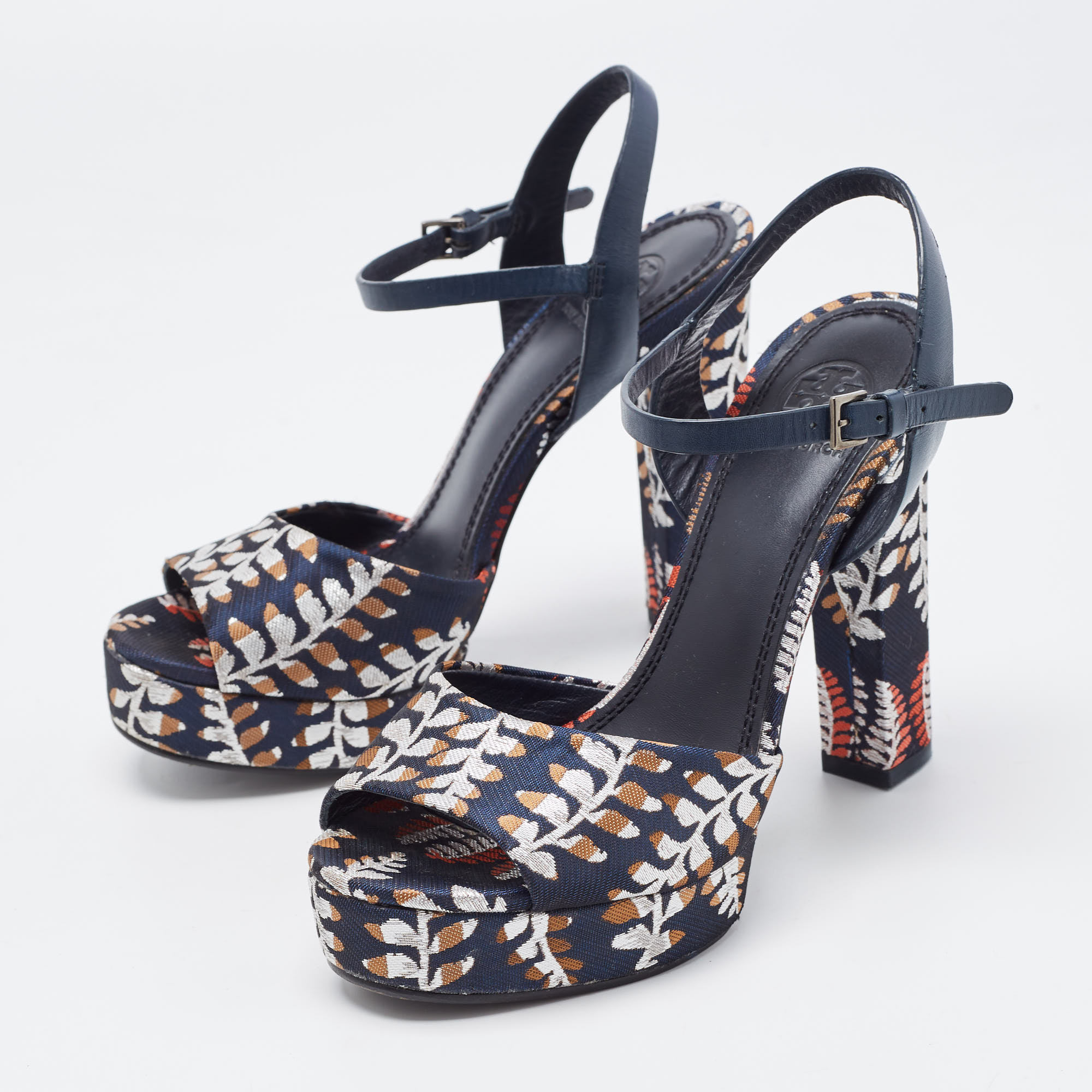 

Tory Burch Navy Blue Leather and Brocade Fabric Platform Ankle Strap Sandals Size