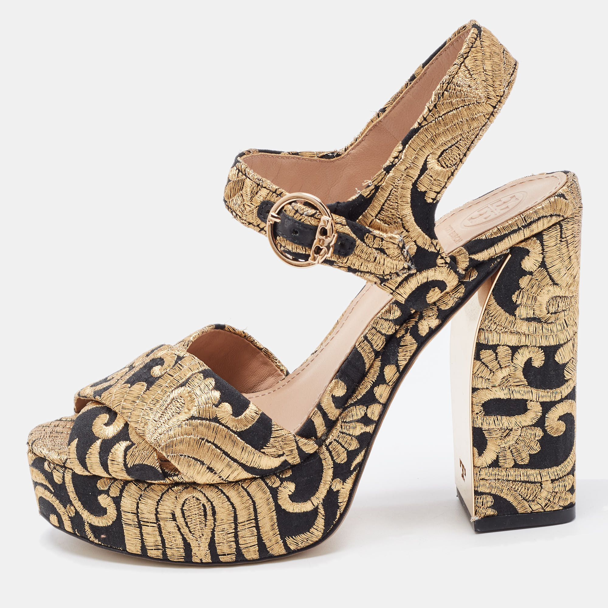 

Tory Burch Gold/Black Brocade Fabric Loretta Sandals Size 36