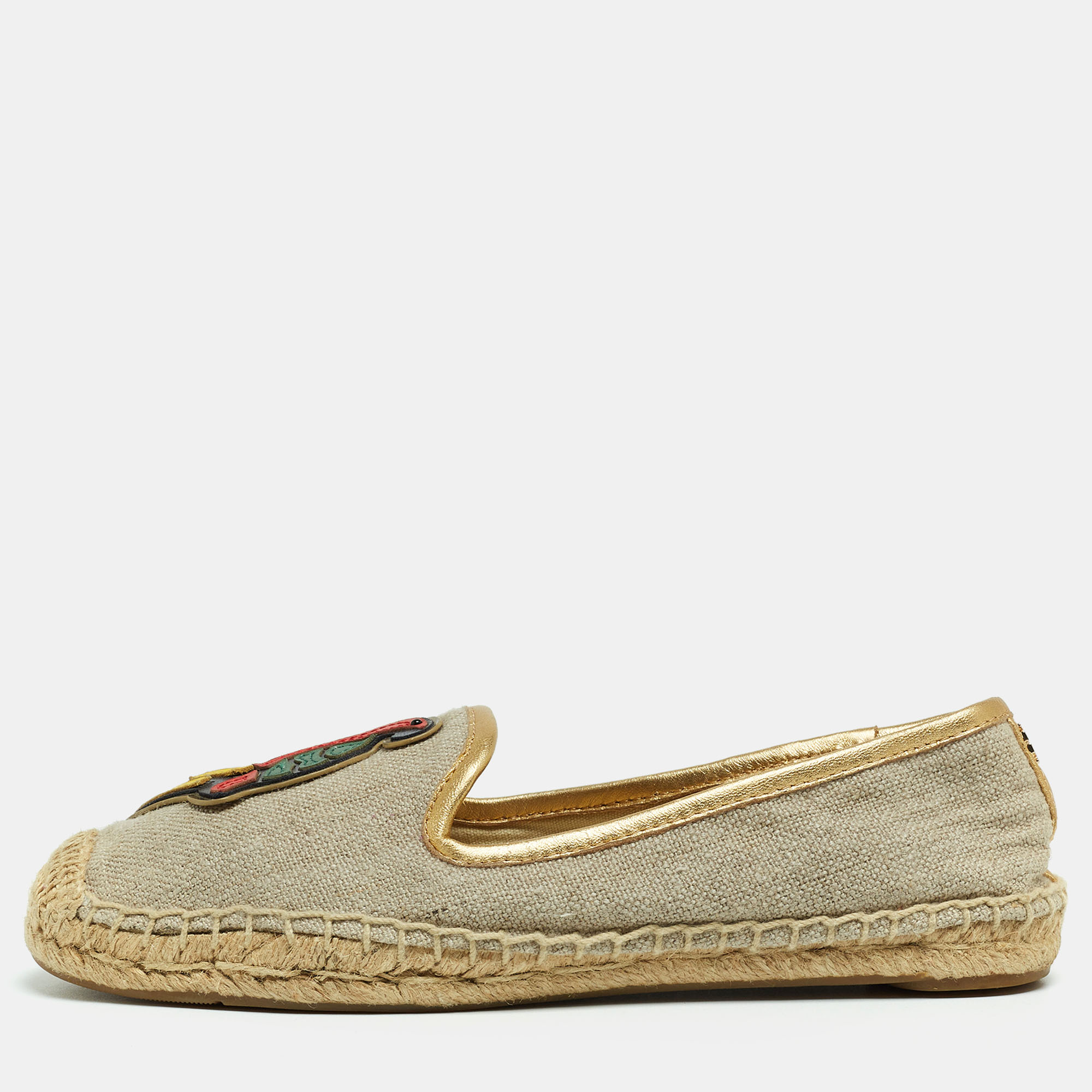 

Tory Burch Beige/Metallic Leather and Canvas Trim Parrot Espadrilles Flats Size, Grey